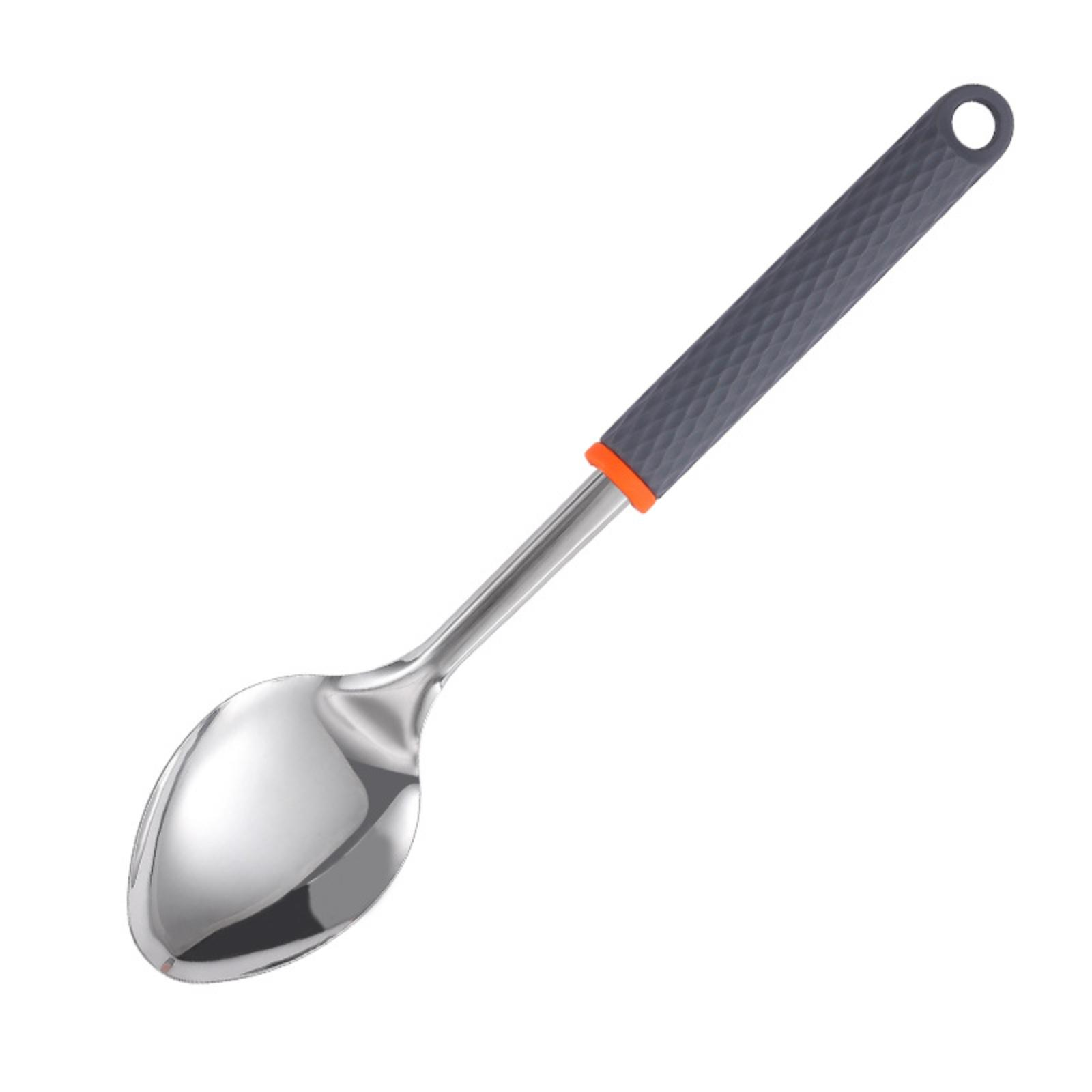 Ein Löffel aus Edelstahl mit einem strukturierten grauen Griff und einem orangefarbenen Ring.