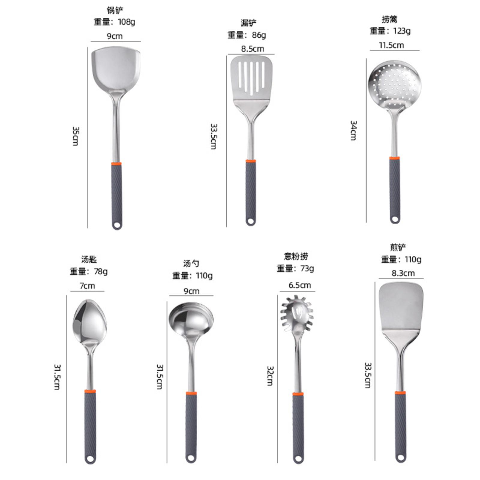 Set von Küchenutensilien mit grauen Griffen und orangefarbenen Akzenten, mit Abmessungen und Gewichten beschriftet.