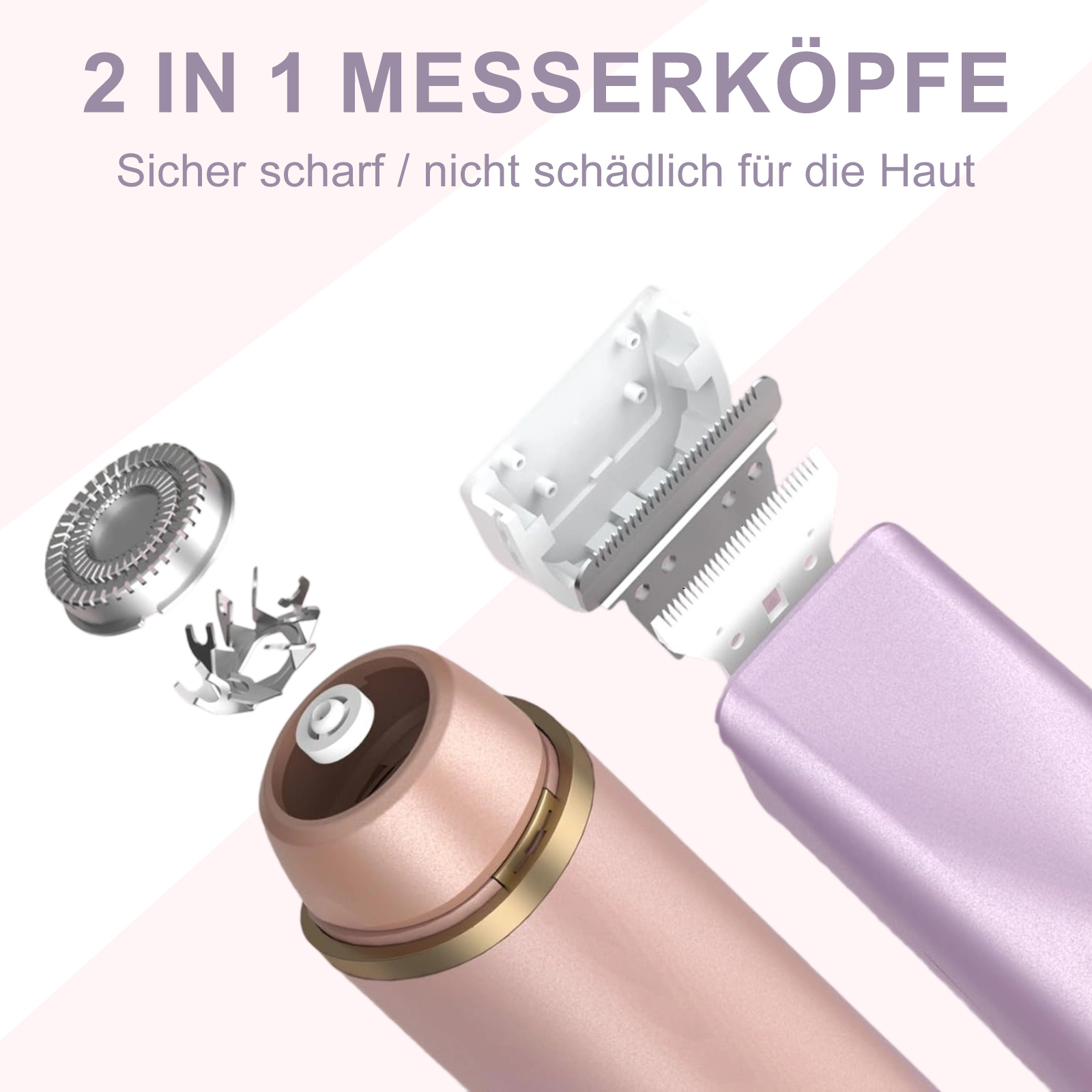 Diagramm eines Rasierers mit zwei Köpfen. Einer zum Rasieren, einer zum Trimmen, mit dem Text „2 in 1 Messerkoepfe“.