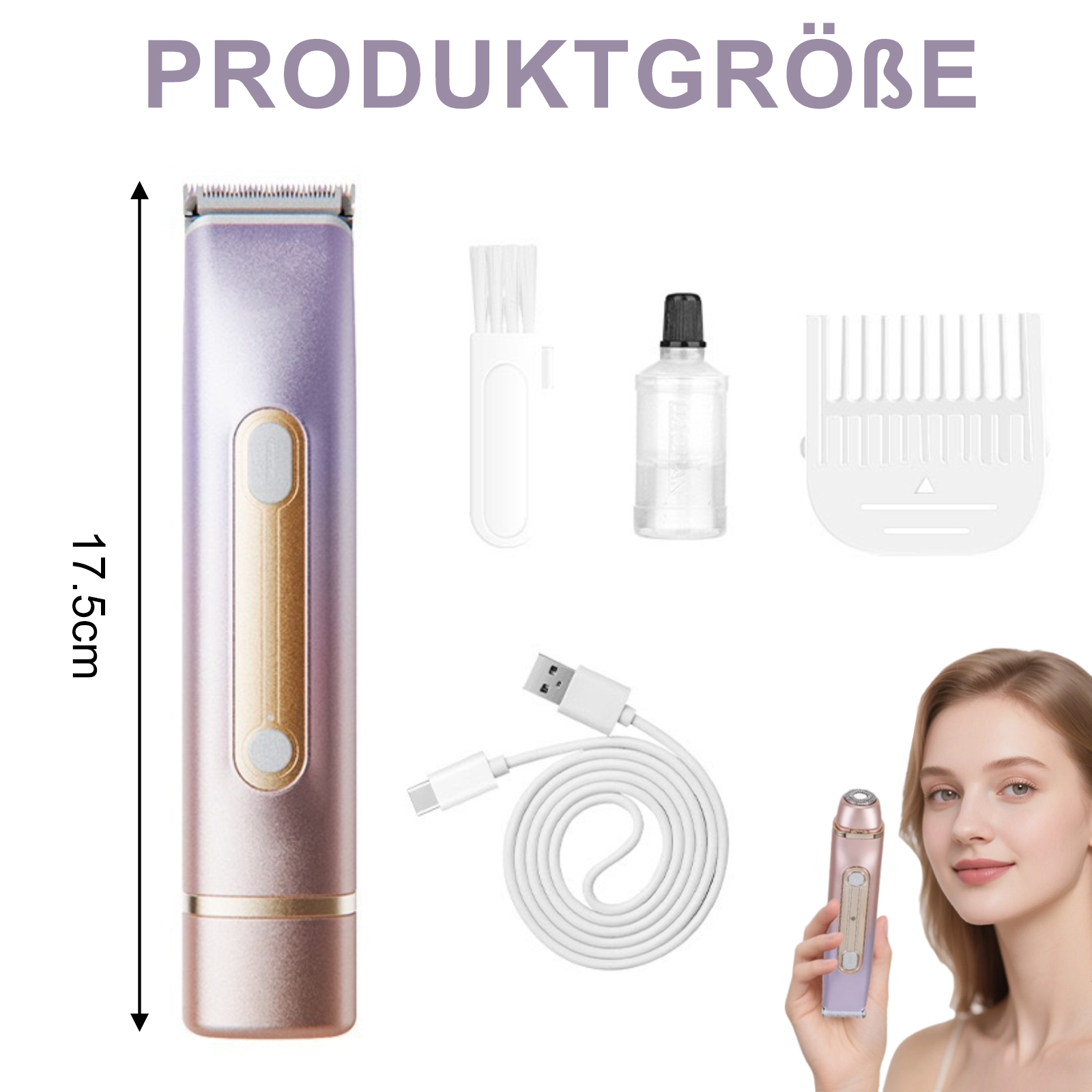 Ein Trimmer mit Zubehör, einem Ladekabel und eine Frau, die ein ähnliches Gerät hält.
