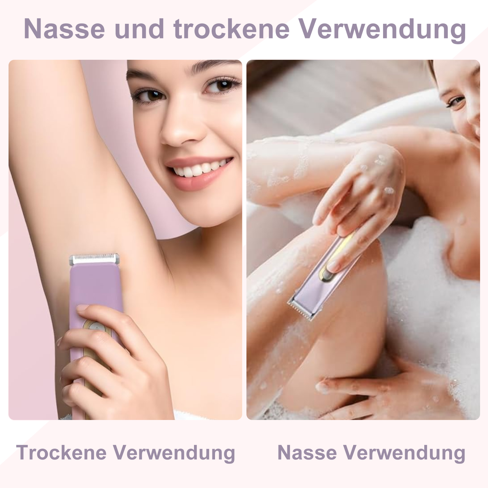 Eine Frau, die einen elektrischen Trimmer unter den Achseln verwendet. Auch Trimmer in einer Badewanne zeigend.