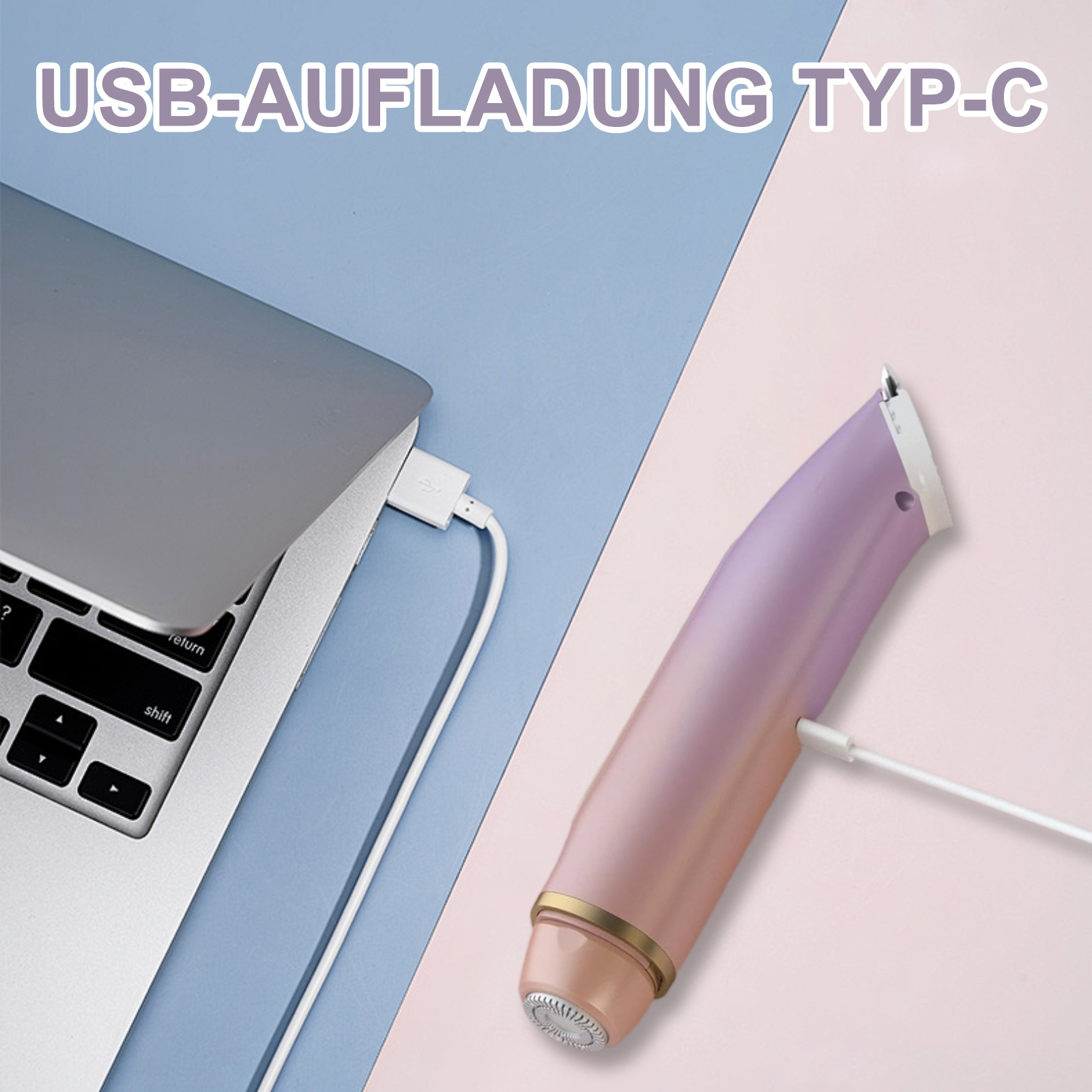 Ein pinkfarbener und silberner Trimmer, der über ein USB-C-Kabel mit einem Laptop verbunden ist.