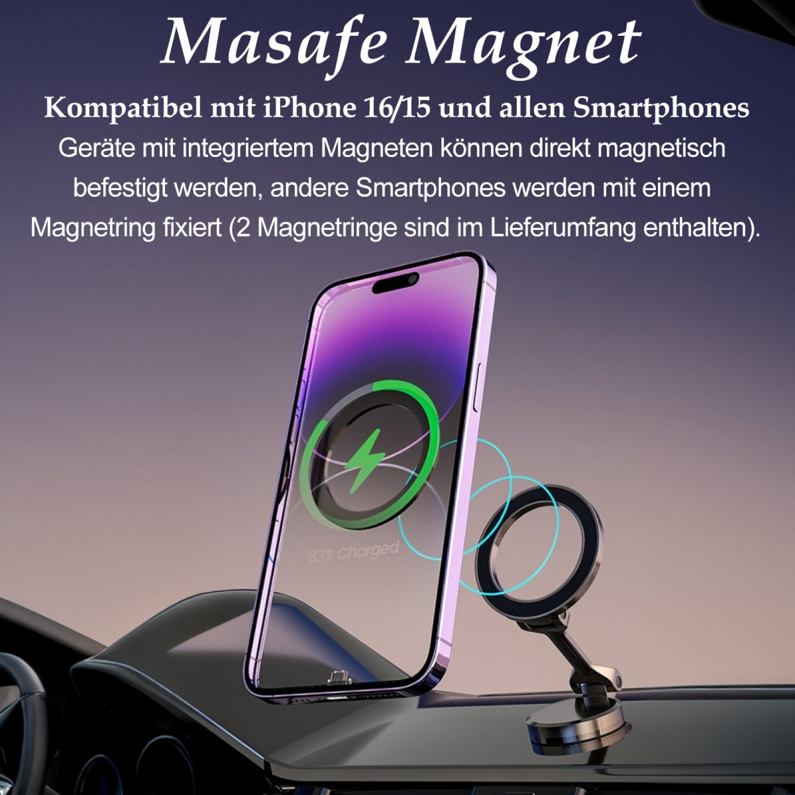 Ein Telefon, das auf einem Ständer geladen wird, mit einer Karte auf dem Bildschirm. Der Ständer ist an einem Armaturenbrett befestigt.
