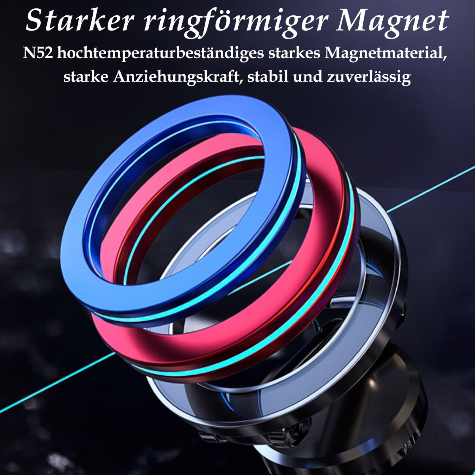 Nahaufnahme eines dreifachen Magneten, blaue und rote Ringe, silberne Basis, vor dunklem Hintergrund.