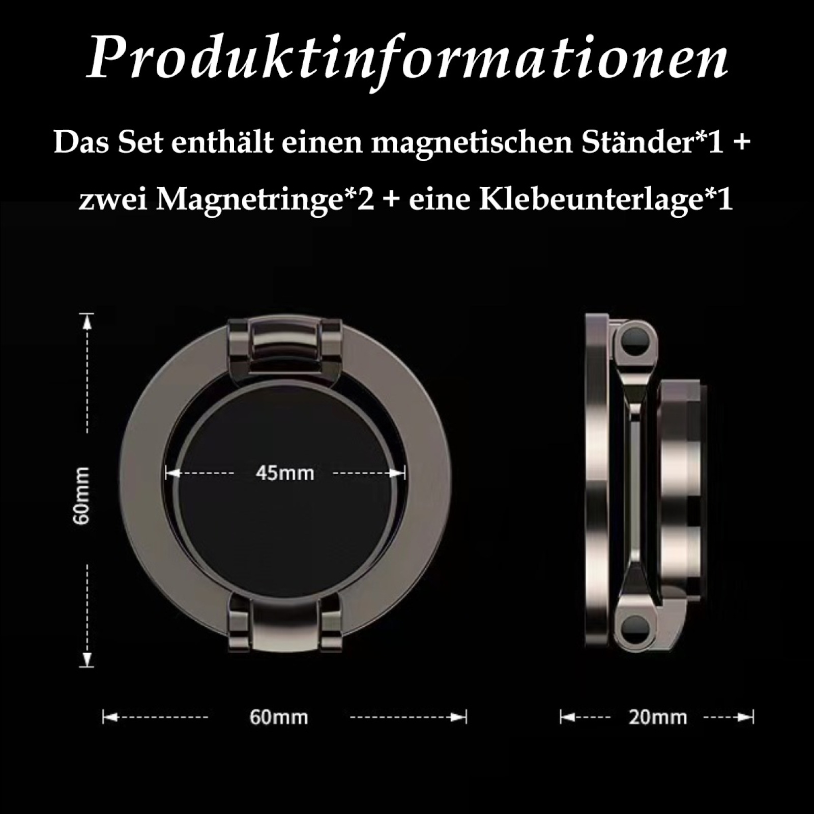 Eine Draufsicht auf einen ringförmigen Telefonhalter, Abmessungen und der Text Produktinformationen.