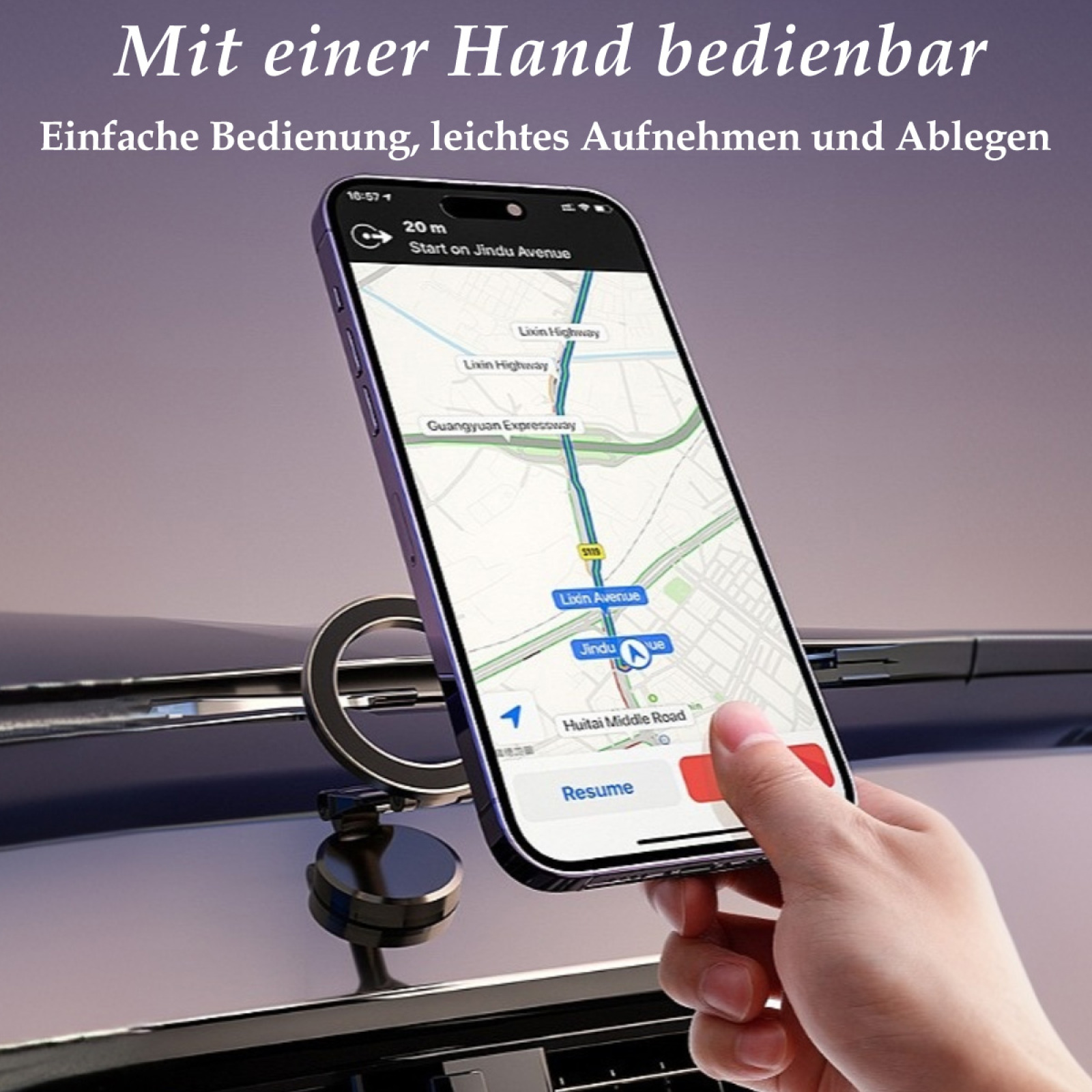 Ein Telefon in einer Autohalterung. Hand berührt den Bildschirm mit einer Karte. Text: Mit einer Hand bedienbar, einfache Bedienung.