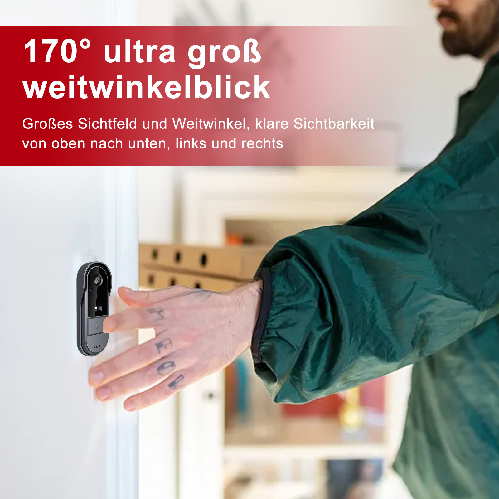 Eine Person in einer grünen Jacke steht in der Nähe einer Tür mit einer Türklingelkamera. Text: 170° ultra groß weitwinkelblick.
