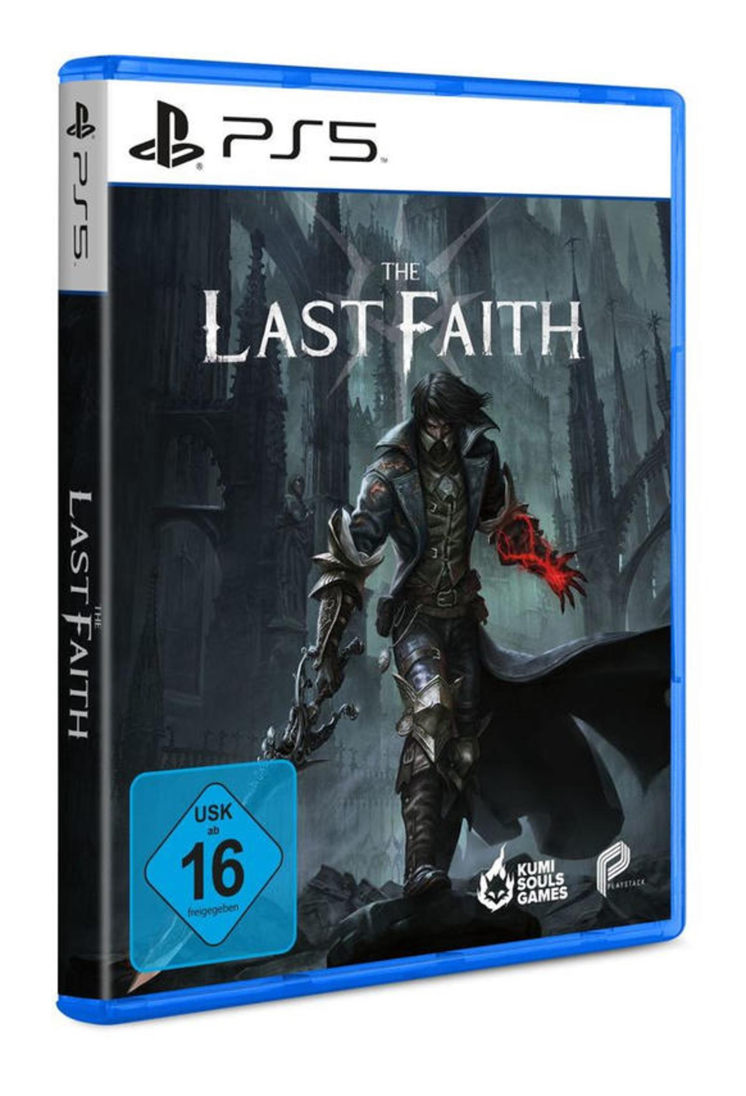 Eine PS5-Spielbox. The Last Faith, ein Mann mit einem Schwert und einem rot leuchtenden Arm. Blaue Box.
