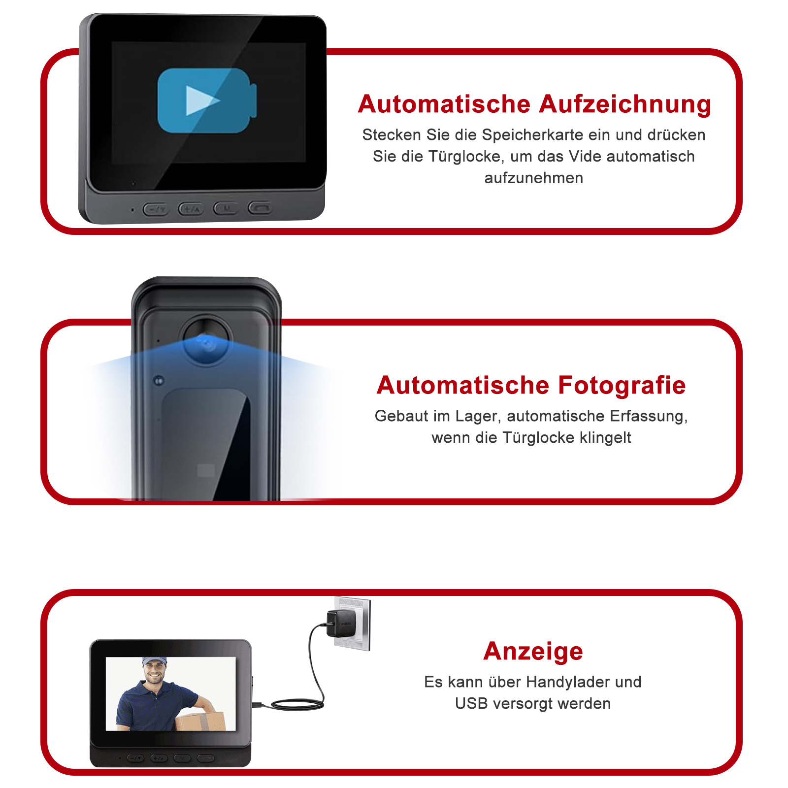 Bilder mit Text über Türklingelfunktionen und -funktionen mit einer schwarzen Video-Türklingel.