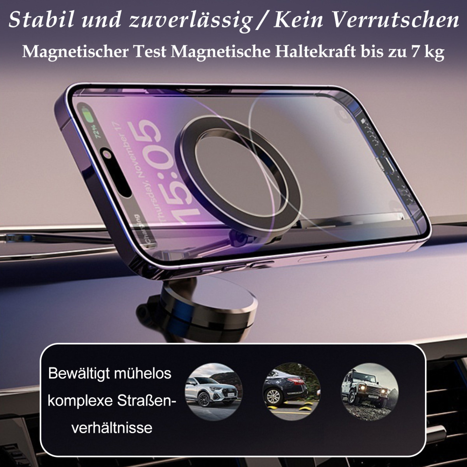 Telefon in Hülle auf einer Auto-Armaturenbrett-Halterung. Text: 'Stabil und zuverlässig / Kein Verrutschen'. Bilder verschiedener Autos.