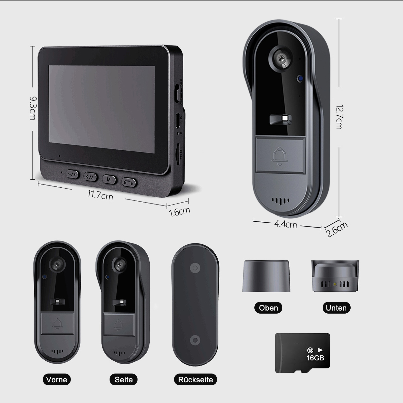 Diagramm einer Video-Türklingel. Zeigt Abmessungen und Teile: vorne, Seite, hinten, oben, unten und eine 16GB SD-Karte.