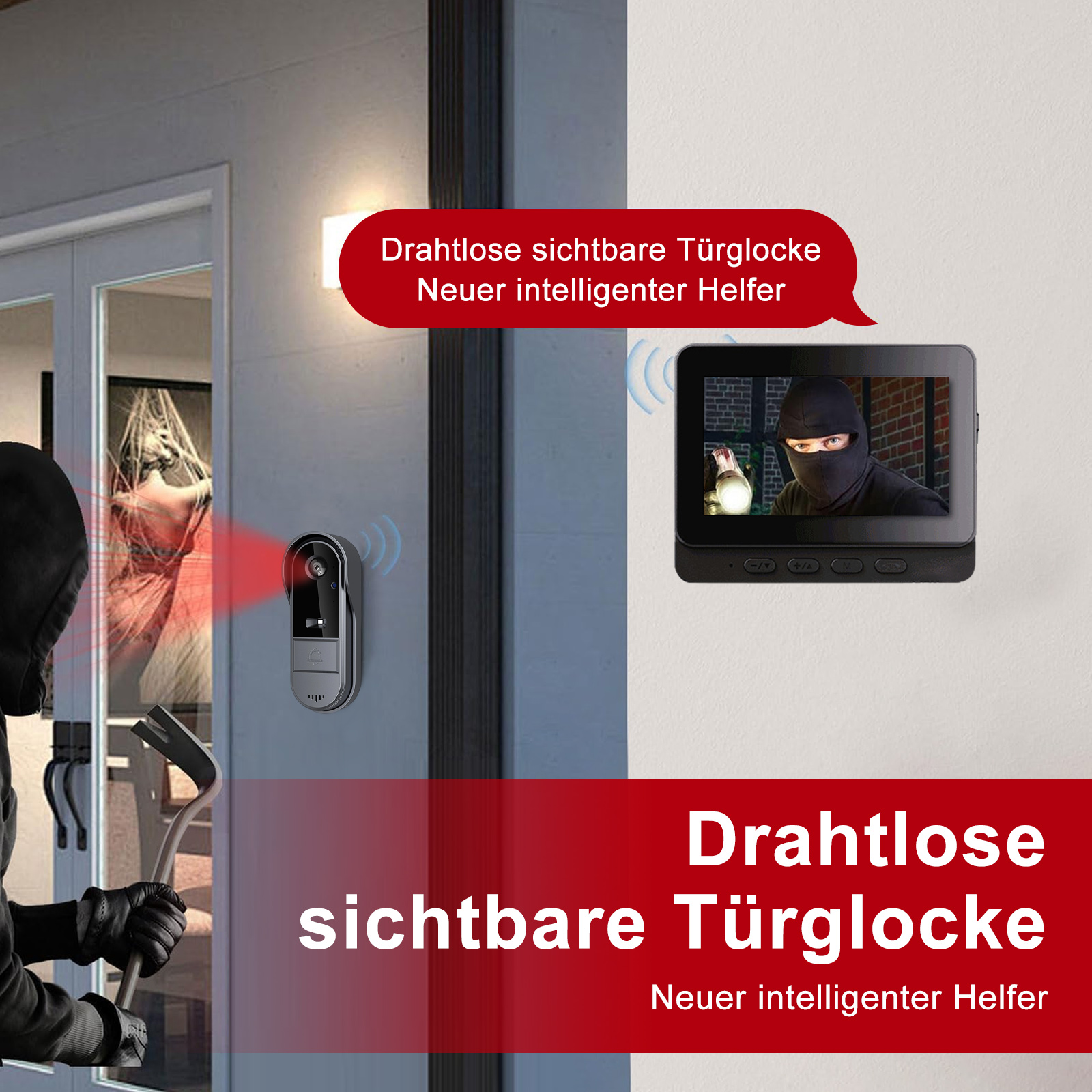 Eine Person mit Brecheisen nähert sich einer Tür mit Überwachungskamera. Ein Bildschirm zeigt eine Person mit Sturmhaube.