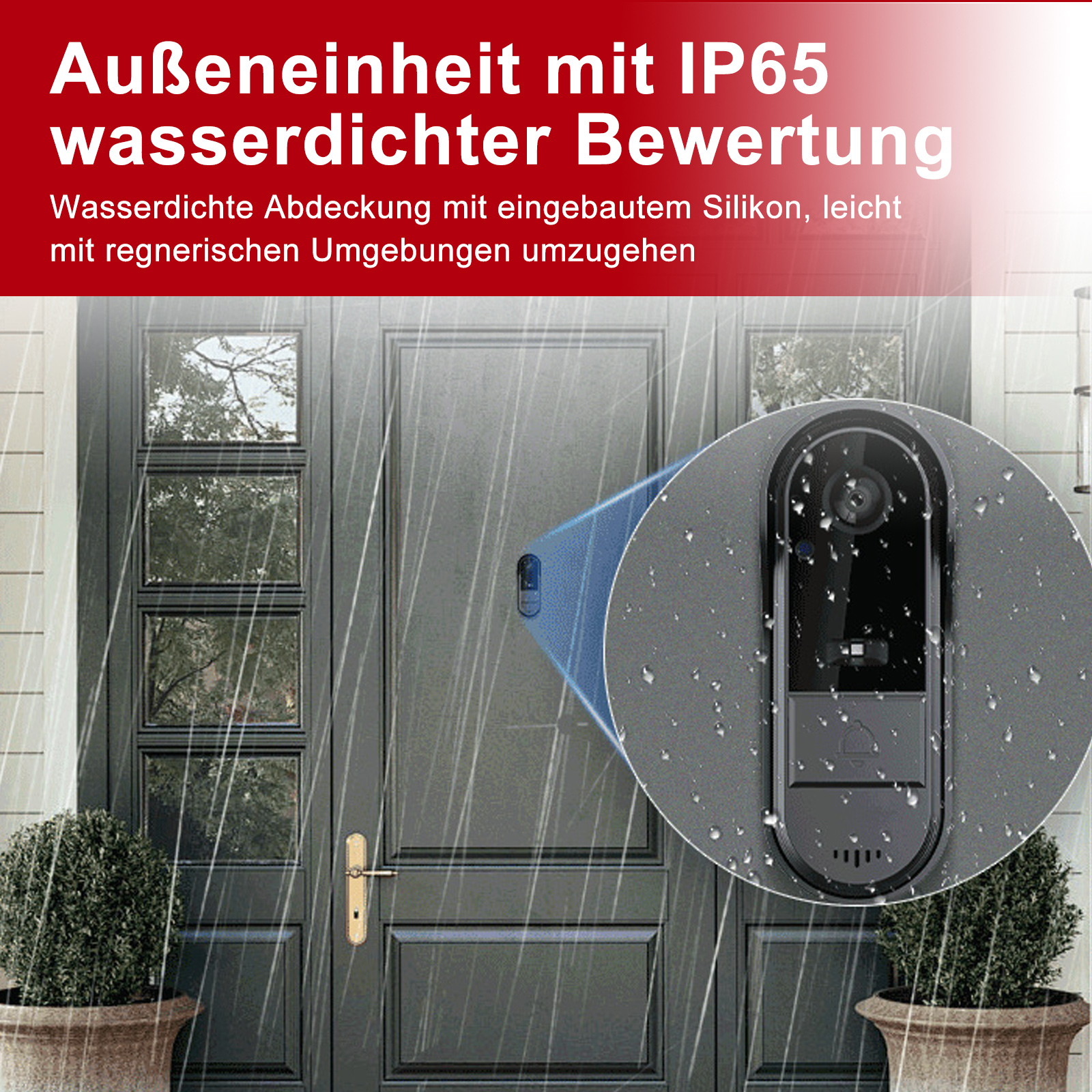 Video-Türklingel an einer Tür im Regen. Text: 'Außeneinheit mit IP65 wasserdichter Bewertung'. Nahaufnahme der Türklingel.