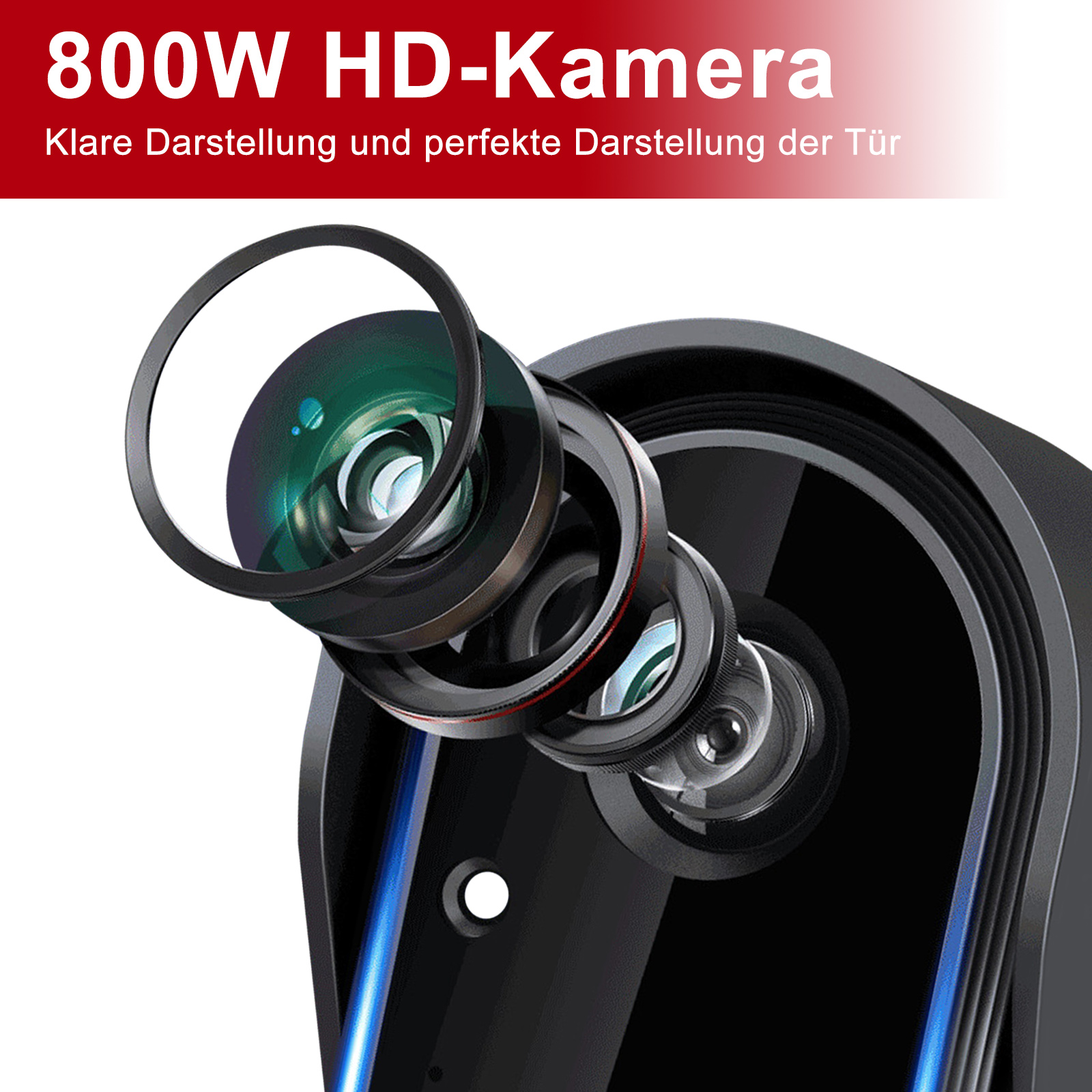 Nahaufnahme einer Kameralinsenanordnung. Text: 800W HD-Kamera, klare Darstellung und perfekte Darstellung der Tür.