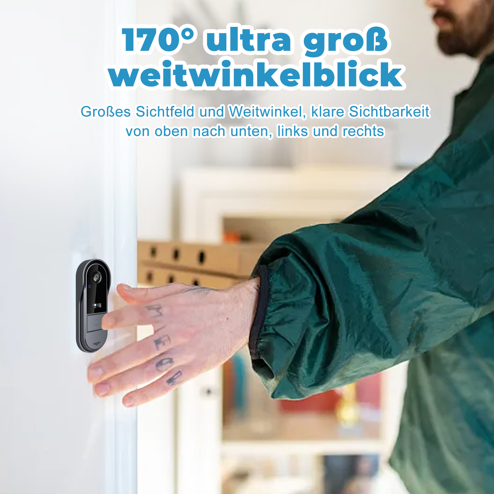 Eine Person installiert eine intelligente Türklingel an einer weißen Wand. Die Türklingel ist schwarz und hat eine Kamera.