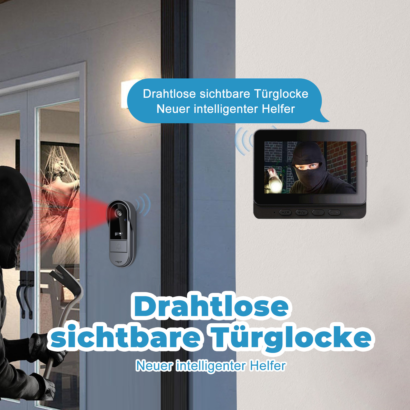 Bild eines Hauses mit installierter intelligenter Türklingel. Im Hintergrund ist ein Einbrecher mit einem Brecheisen zu sehen.