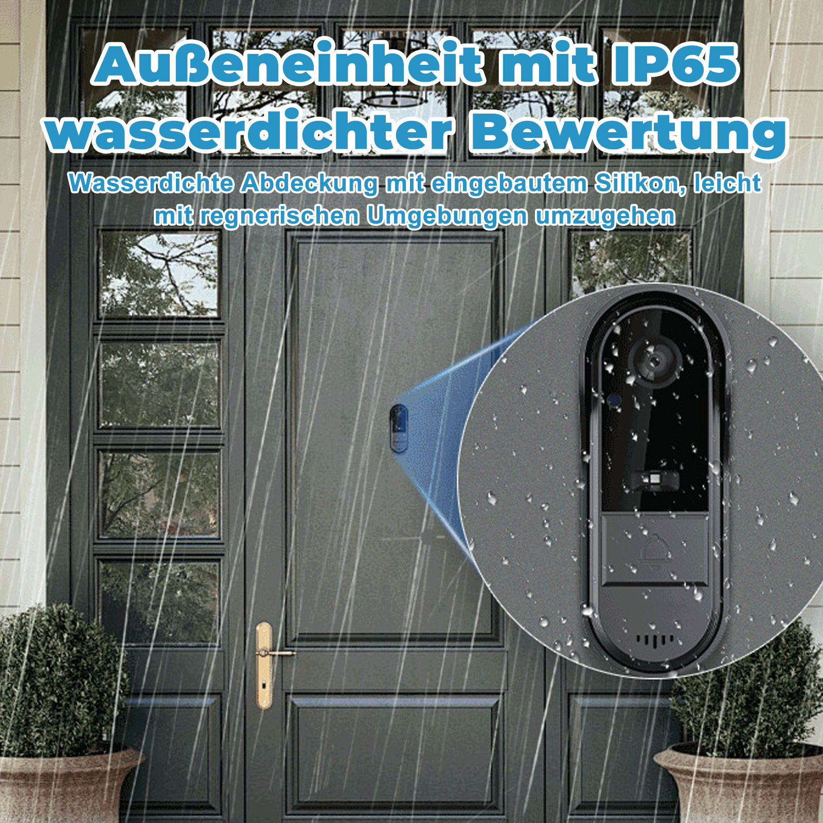Bild einer Haustür mit installierter intelligenter Türklingel. Zeigt eine Nahaufnahme der Türklingel und der Tür.