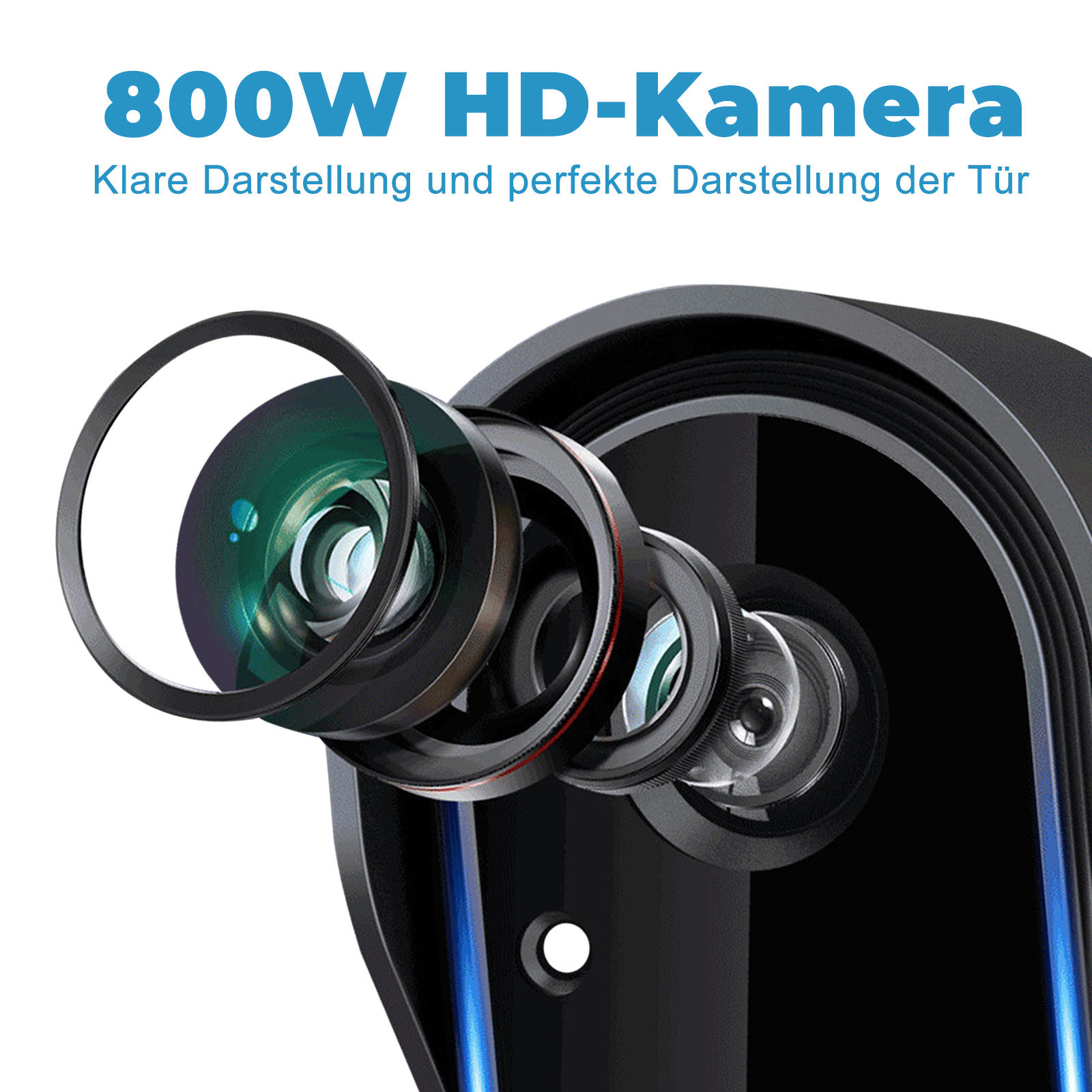 Nahaufnahme einer Kameraobjektivs einer intelligenten Türklingel, das die Innenlinsen zeigt. Text: 800W HD-Kamera.