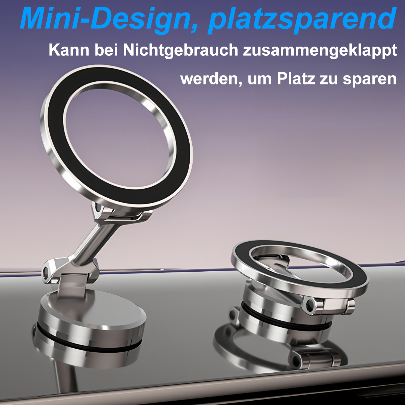 Zwei silberne Telefonhalter. Einer ist aufrecht, der andere zusammengeklappt. Text: Mini-Design, platzsparend.