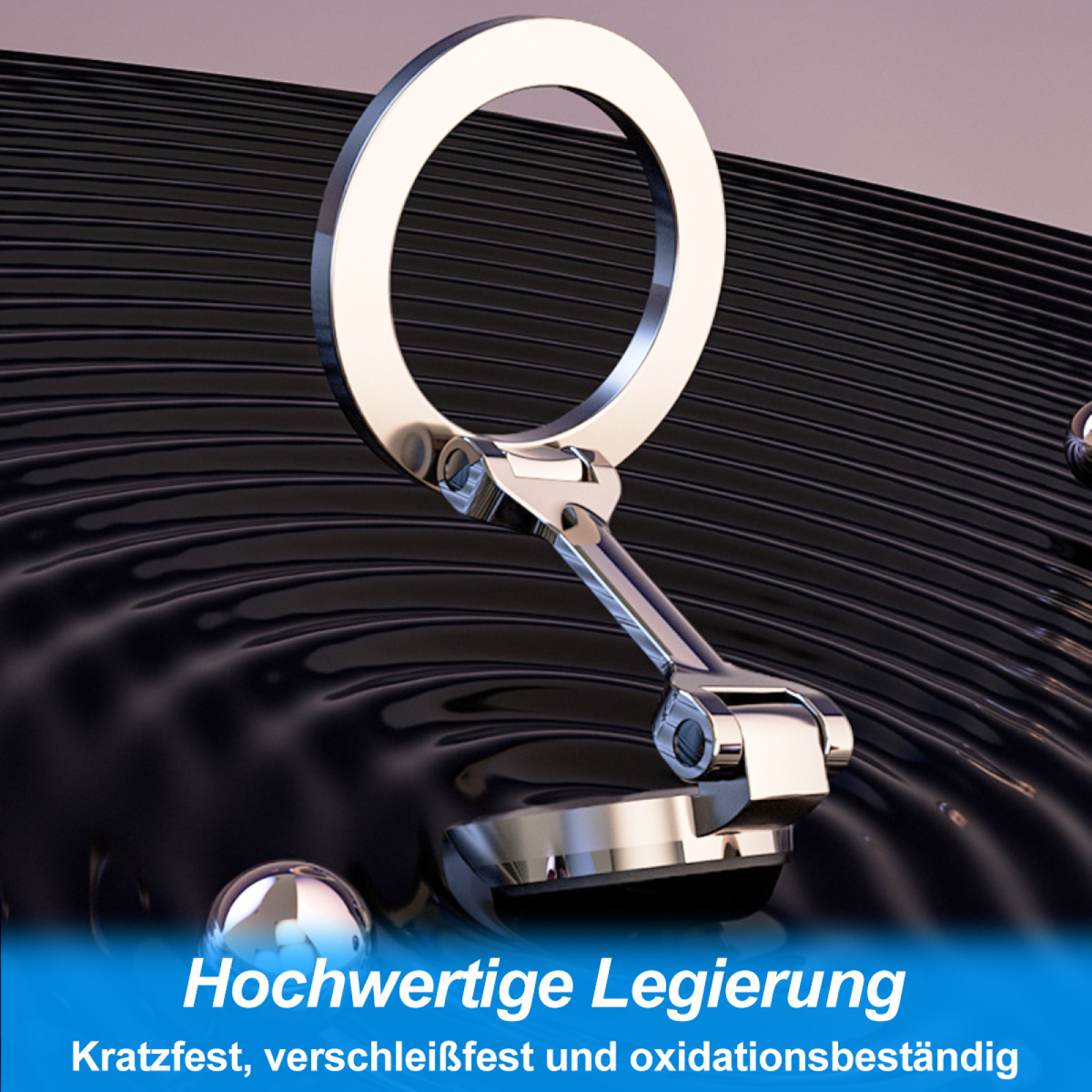 Ein silberner Telefonhalter mit einem schwarzen Ring auf schwarzem Hintergrund. Der Text lautet: Hochwertige Legierung.