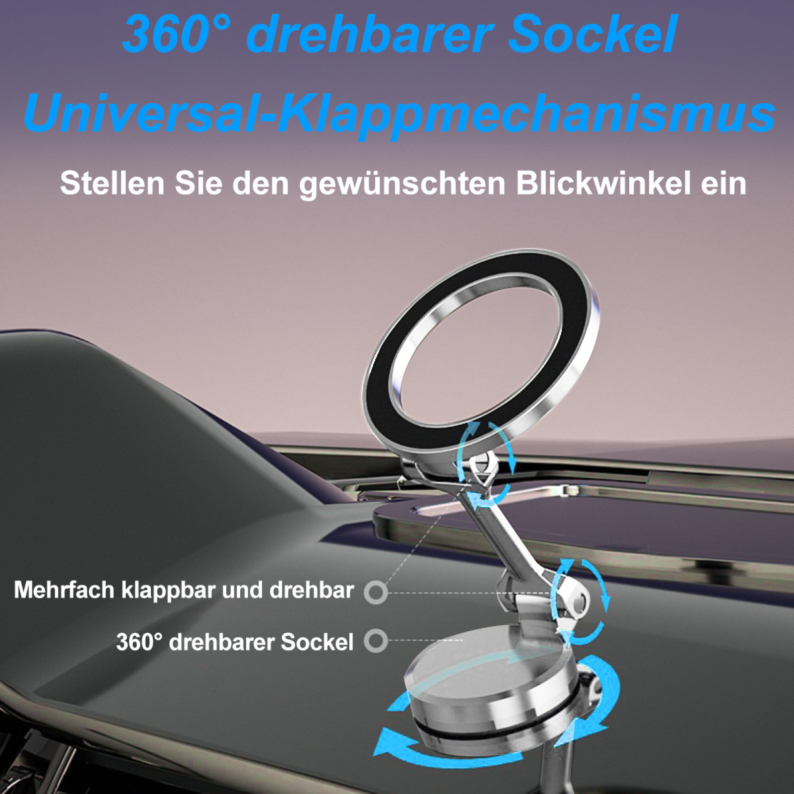 Ein Telefonhalter, der verstellbare Winkel und eine um 360 Grad drehbare Basis zeigt. Text auf Deutsch.