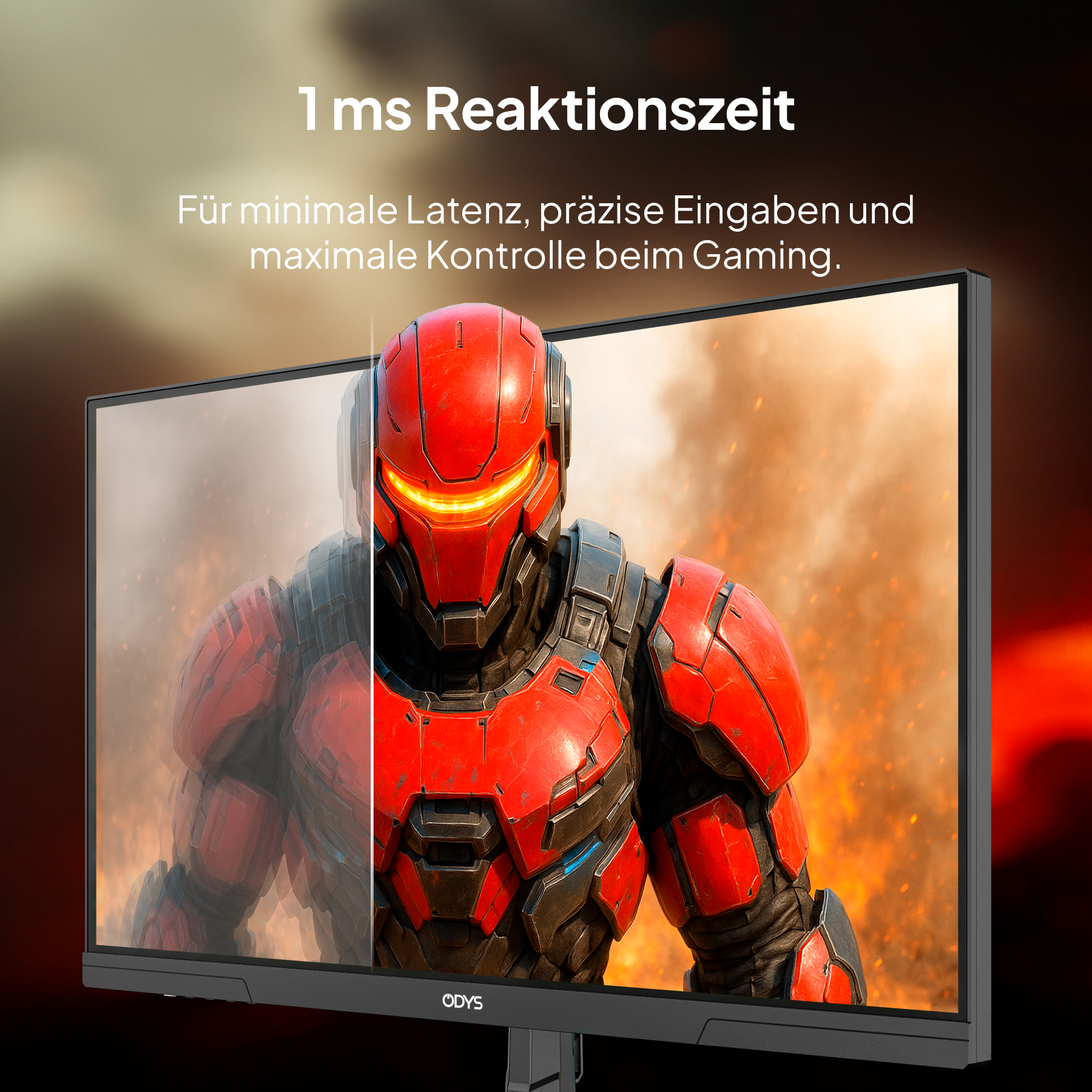 Ein Monitor zeigt eine rot gepanzerte Figur. Text zeigt 1 ms Reaktionszeit. Der Hintergrund ist eine Feuerszene.