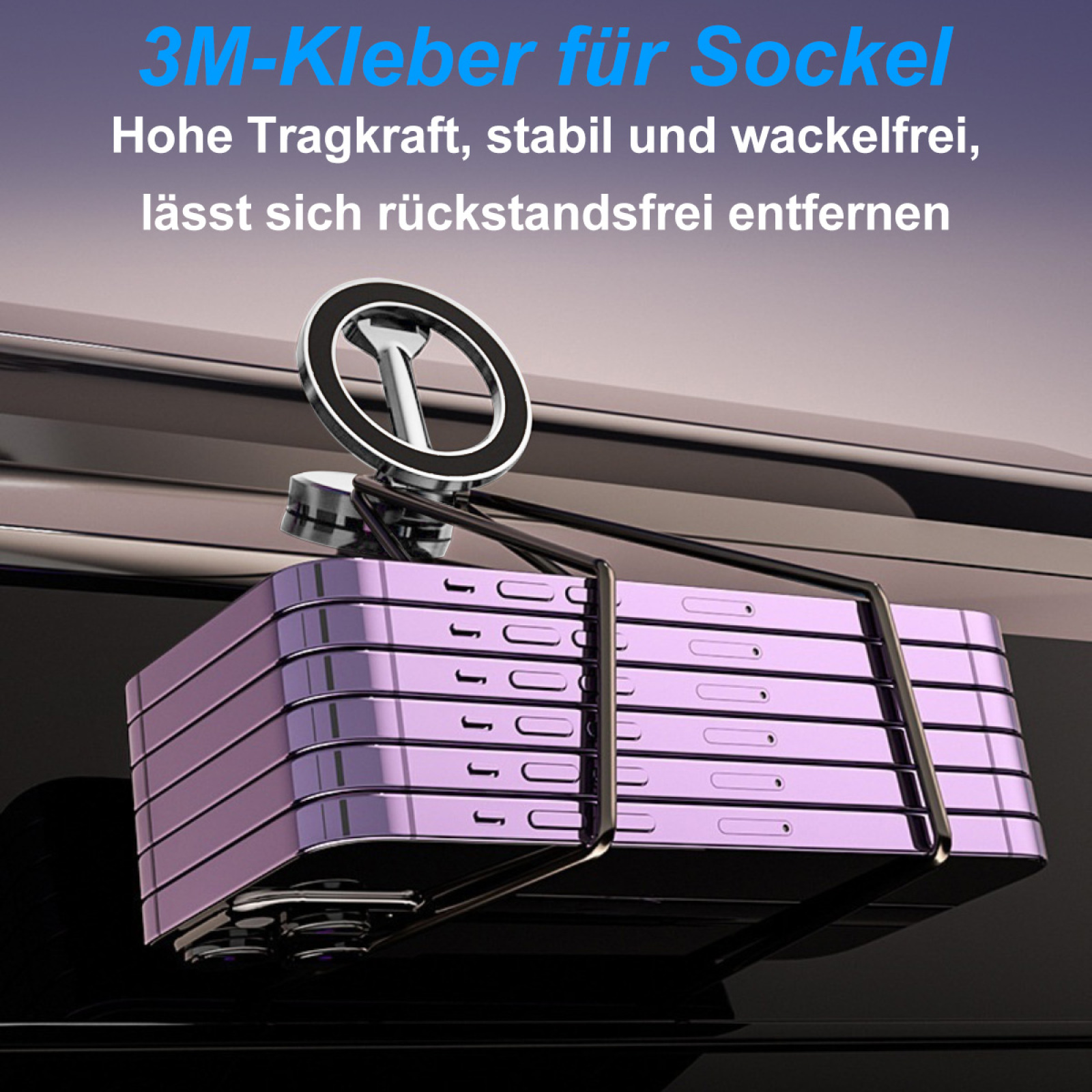 Ein Telefonhalter mit mehreren angebrachten Telefonen. Der Halter ist auf einer dunklen Oberfläche montiert.