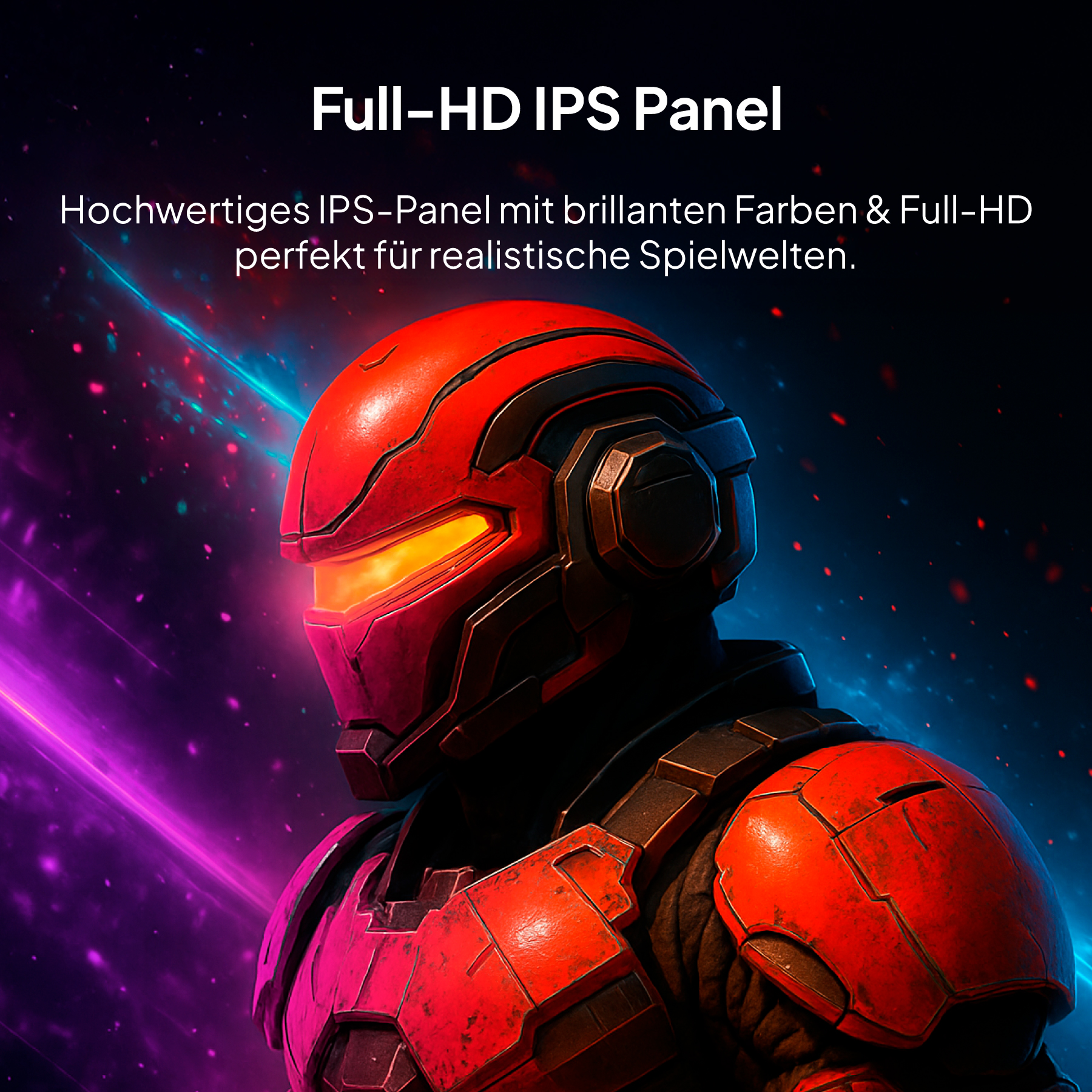 Eine rot gepanzerte Figur mit leuchtend gelbem Gesicht. Text oben: Full-HD IPS Panel.