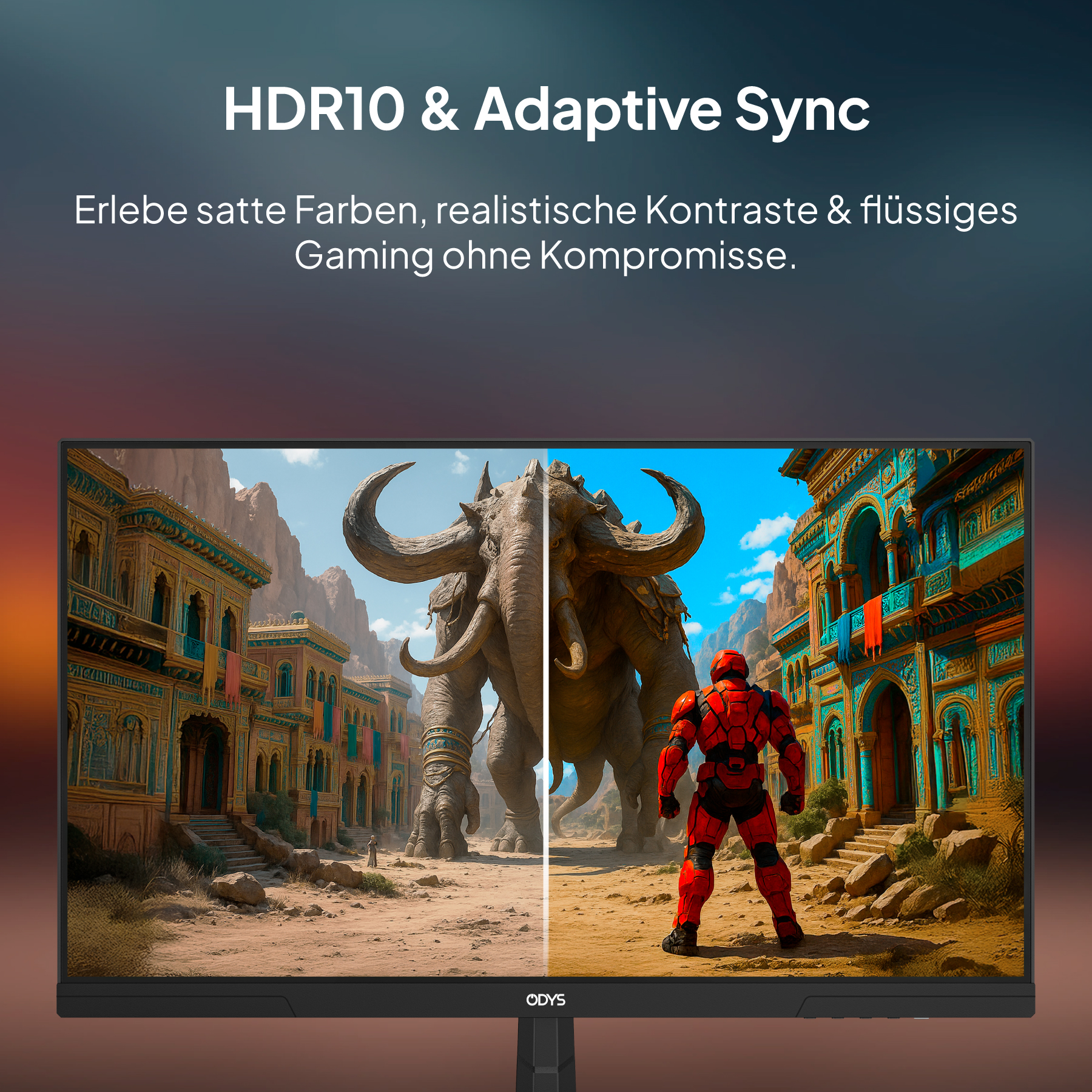 Ein Monitor zeigt eine Szene mit einem Elefanten und Gebäuden. Text sagt HDR10 & Adaptive Sync. Der Hintergrund ist eine Stadt.