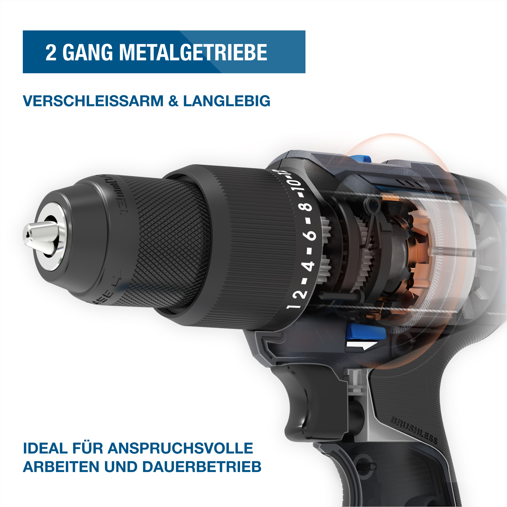 Schwarzer und grauer Bohrer mit Textüberlagerung. Details umfassen Metallzahnräder und einen bürstenlosen Motor.