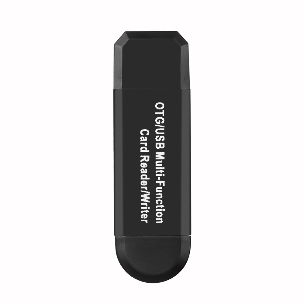 Un lettore di schede multifunzione OTG/USB nero. Viene mostrato da una prospettiva verticale.