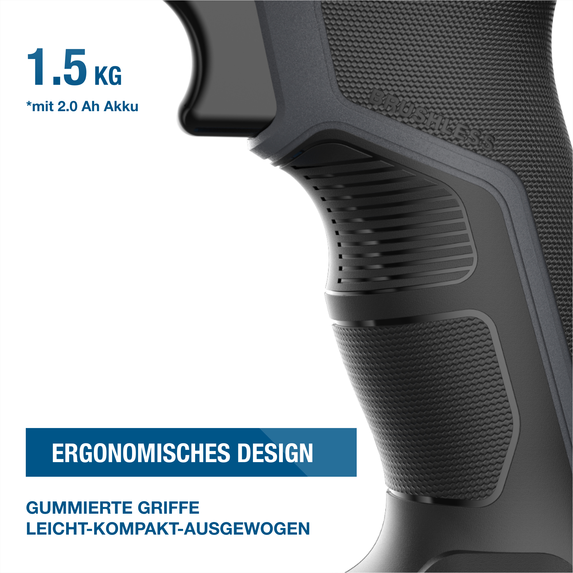 Nahaufnahme eines schwarzen und grauen Griffs, beschriftet mit 'Ergonomisches Design' in blauem Text.
