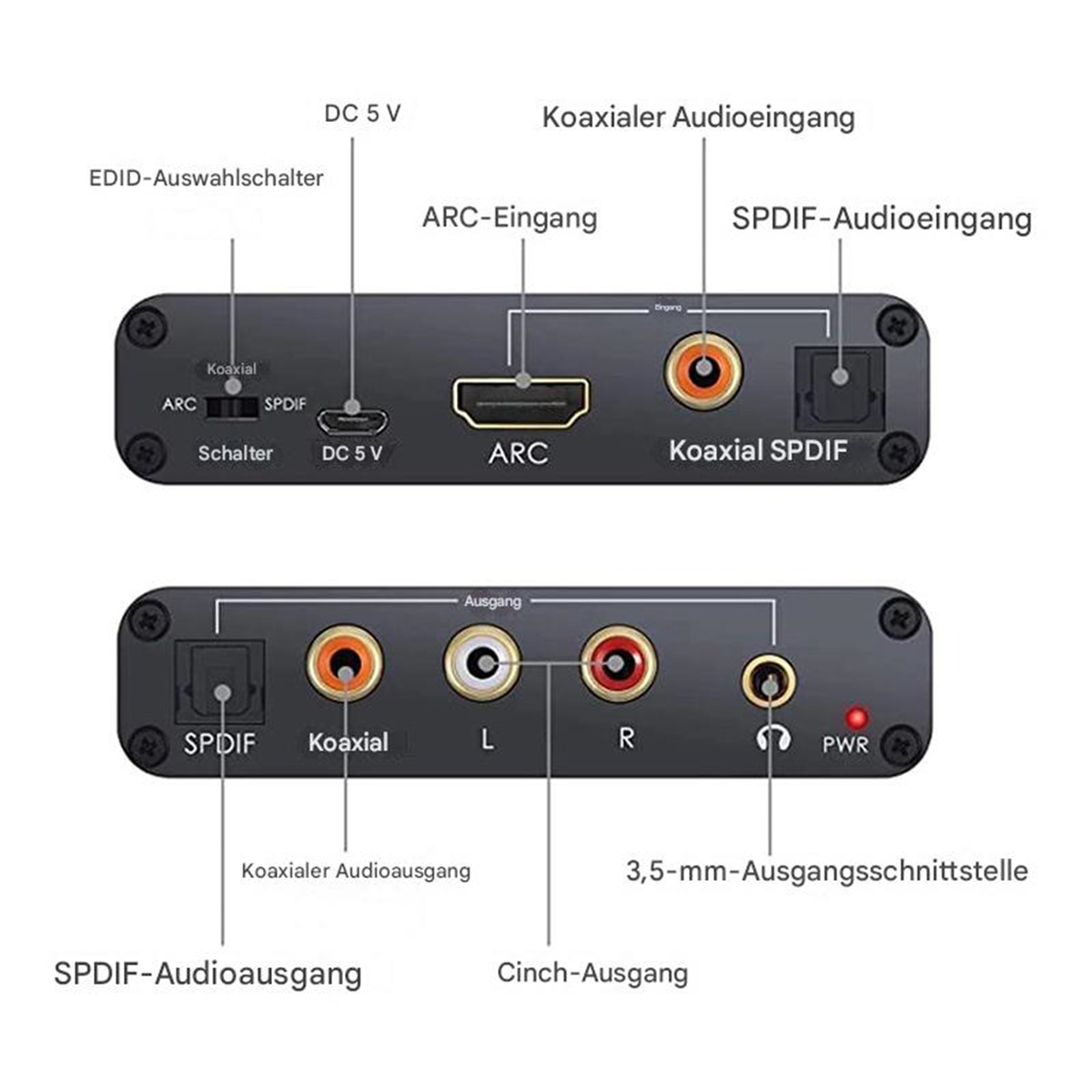 Nahaufnahme eines schwarzen elektronischen Geräts mit Beschriftungen für verschiedene Anschlüsse. Es enthält ARC und SPDIF.