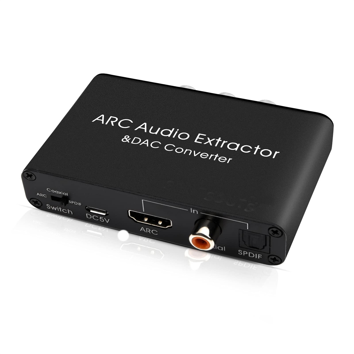 Nahaufnahme eines schwarzen ARC Audio Extractor & DAC Converters mit verschiedenen Anschlüssen.
