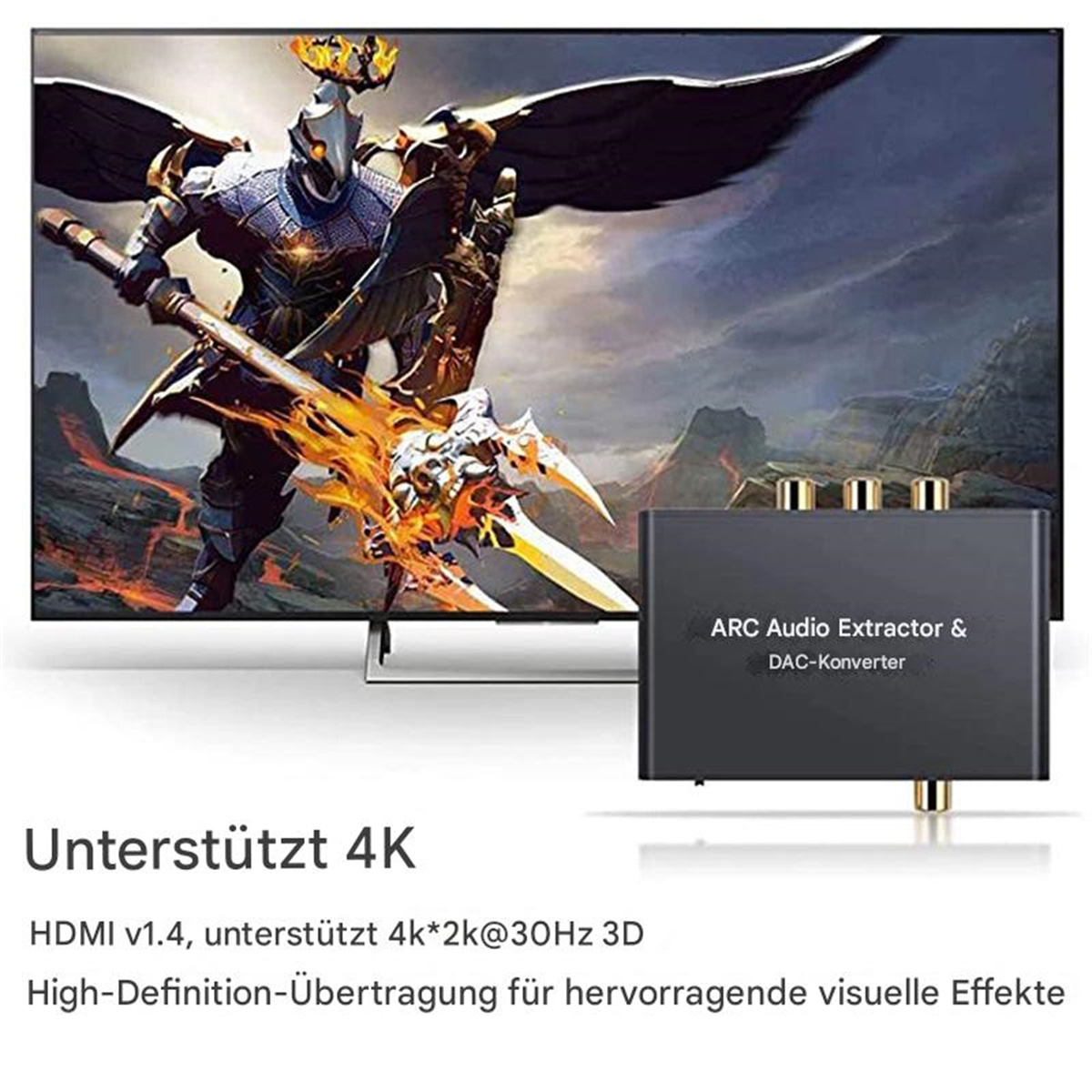 Ein Fernseher, der eine Grafik mit angeschlossenem ARC Audio Extractor & DAC Converter anzeigt.