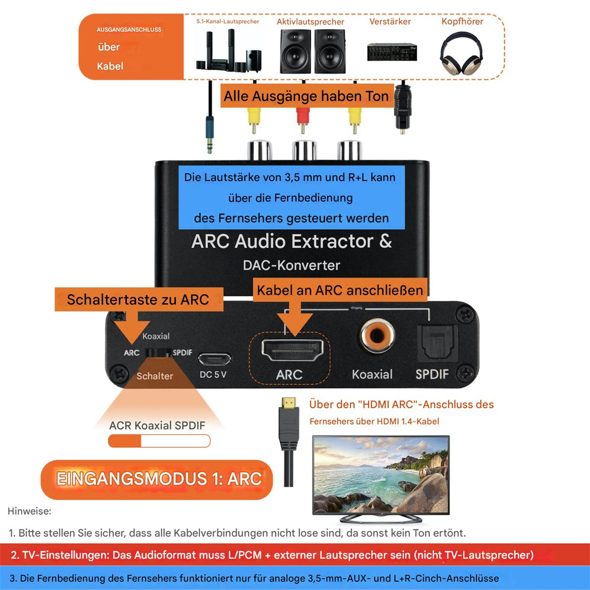 Diagramm, das Anschlüsse für einen ARC Audio Extractor & DAC Converter zeigt.