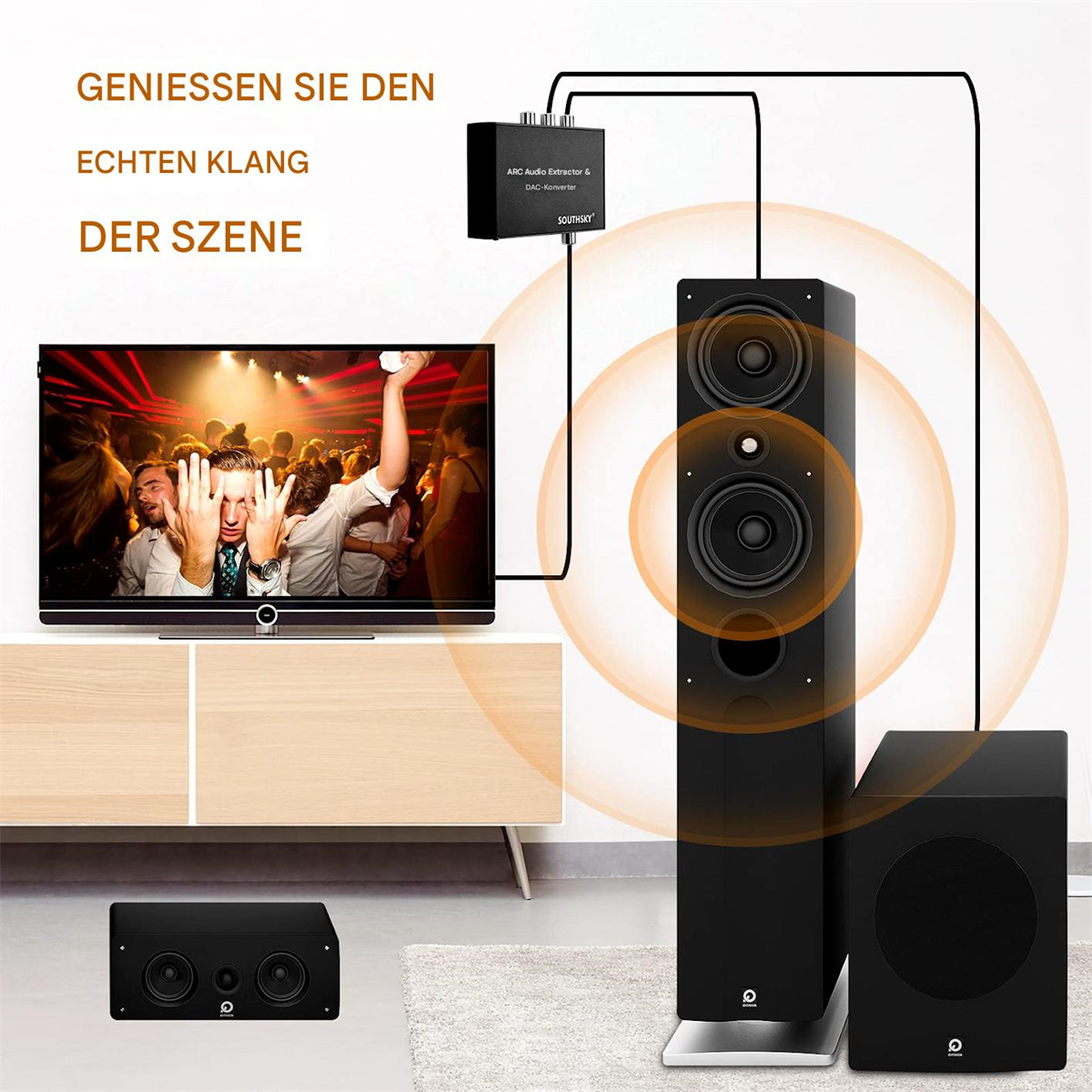 Ein Entertainment-Setup mit Fernseher, Lautsprechern und einem ARC Audio Extractor.