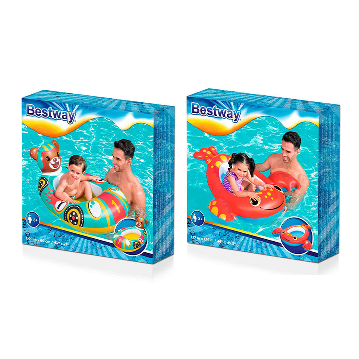 Zwei Bestway-Pool-Float-Boxen mit Vater und Kind in einem Pool.