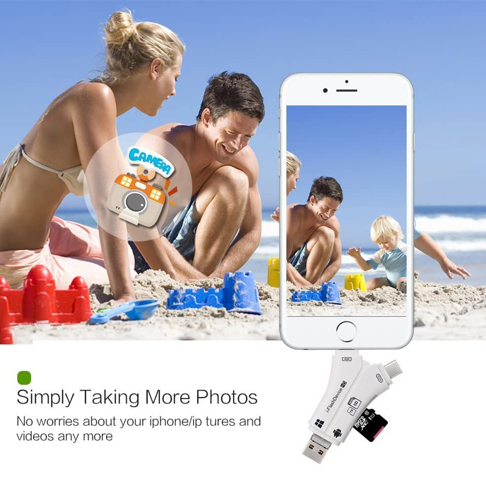 Persone che scattano foto con un telefono e un adattatore sulla spiaggia, e un'illustrazione di una fotocamera.