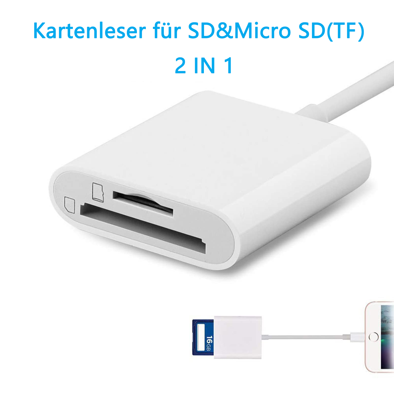 Lettore di schede SD bianco con connettore USB-C e porta USB. Sono mostrati anche una scheda e un telefono.