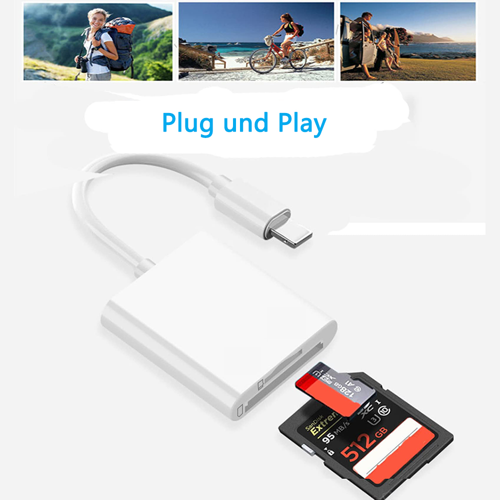 Un lettore di schede bianco collegato a un telefono. È inserita una scheda di memoria. Il telefono è di fronte a immagini di spiaggia.