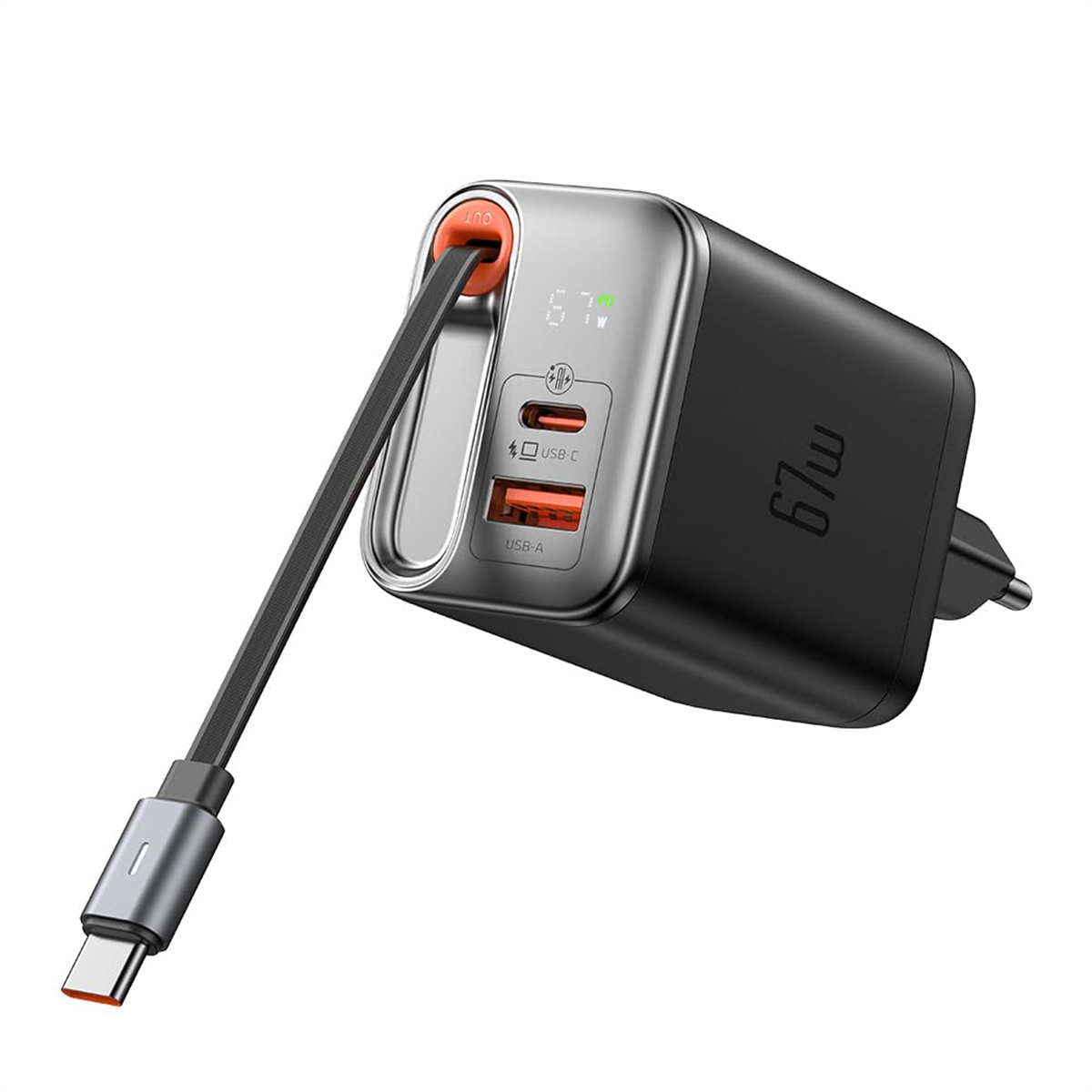 Ein schwarzes und silbernes Netzteil mit zwei USB-Anschlüssen und einem USB-C-Anschluss mit angeschlossenem Ladekabel.