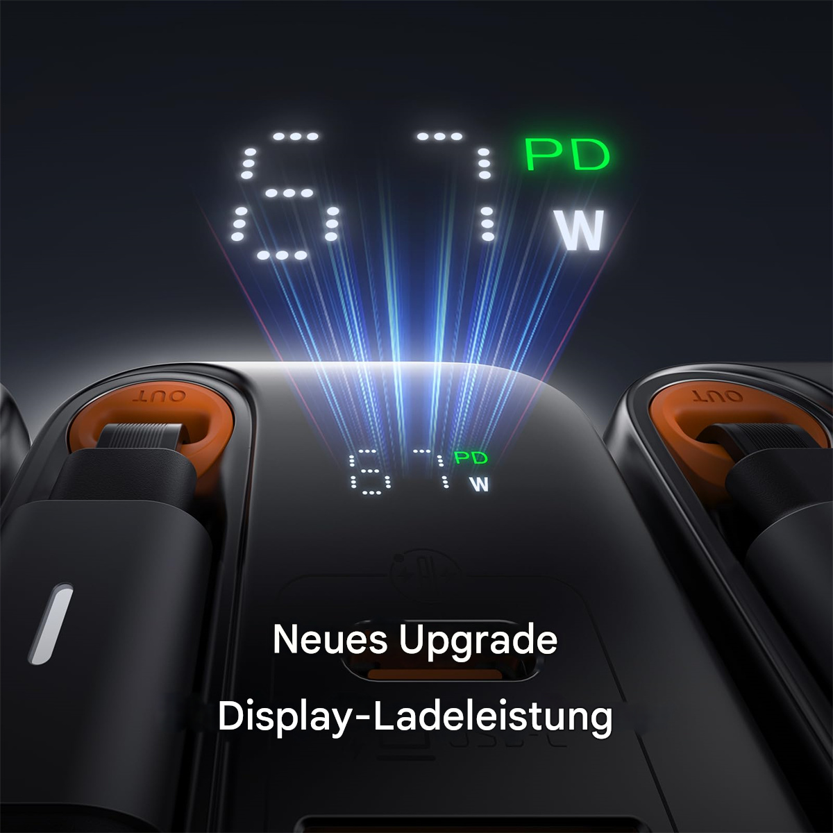 Nahaufnahme eines schwarzen Netzteils. Das Display zeigt den Ladestatus in Grün an. Text lautet: 'Neues Upgrade, Display-Ladeleistung'.