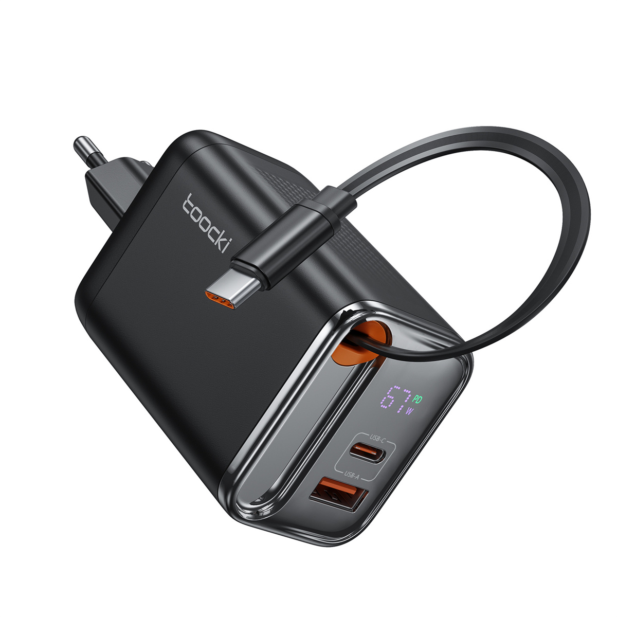 Ein schwarzes Ladegerät mit zwei USB-Anschlüssen und einem USB-C-Kabel.