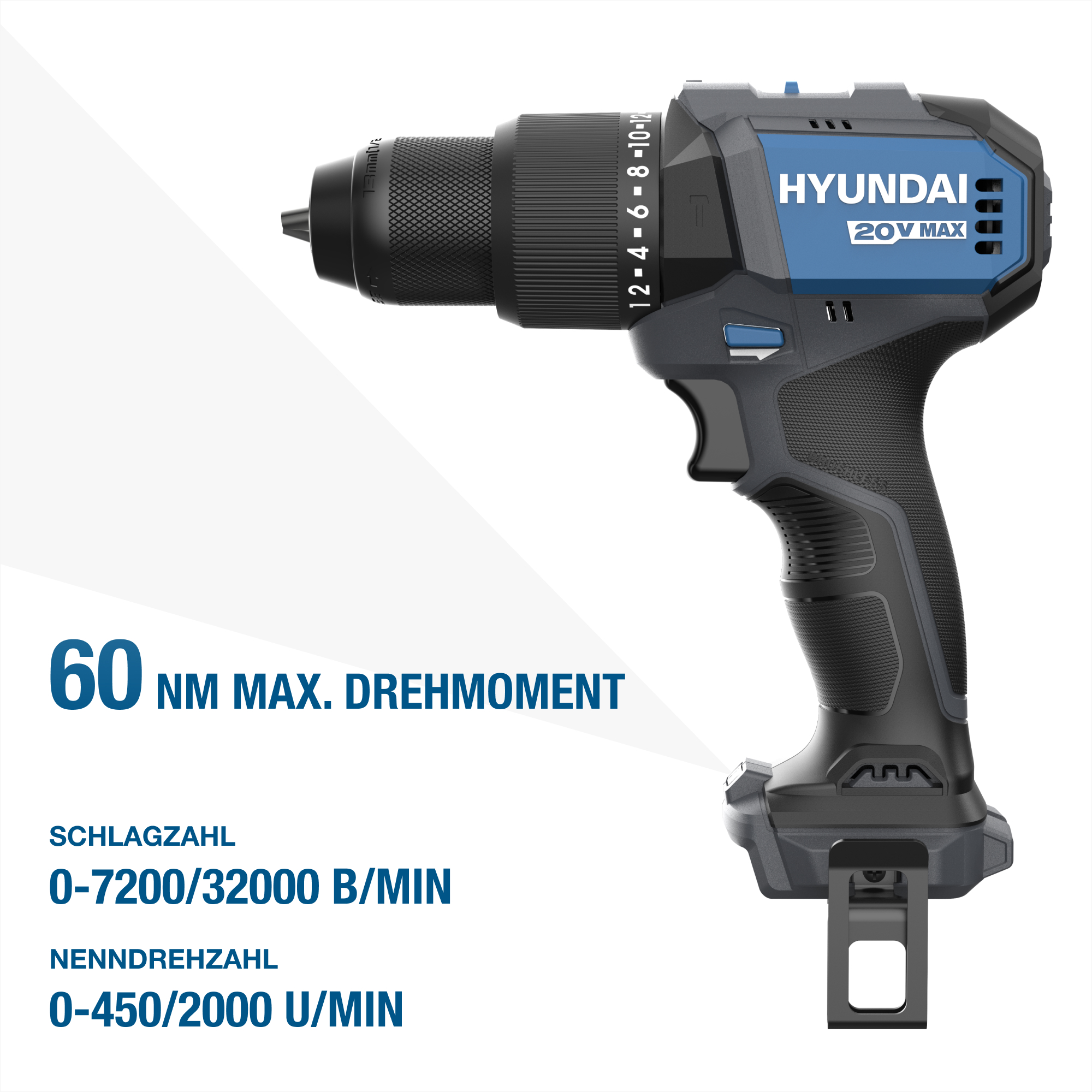 Eine schwarz-blaue Hyundai 20V MAX Bohrmaschine mit Spezifikationen für Geschwindigkeit und Drehmoment, vor weißem Hintergrund.