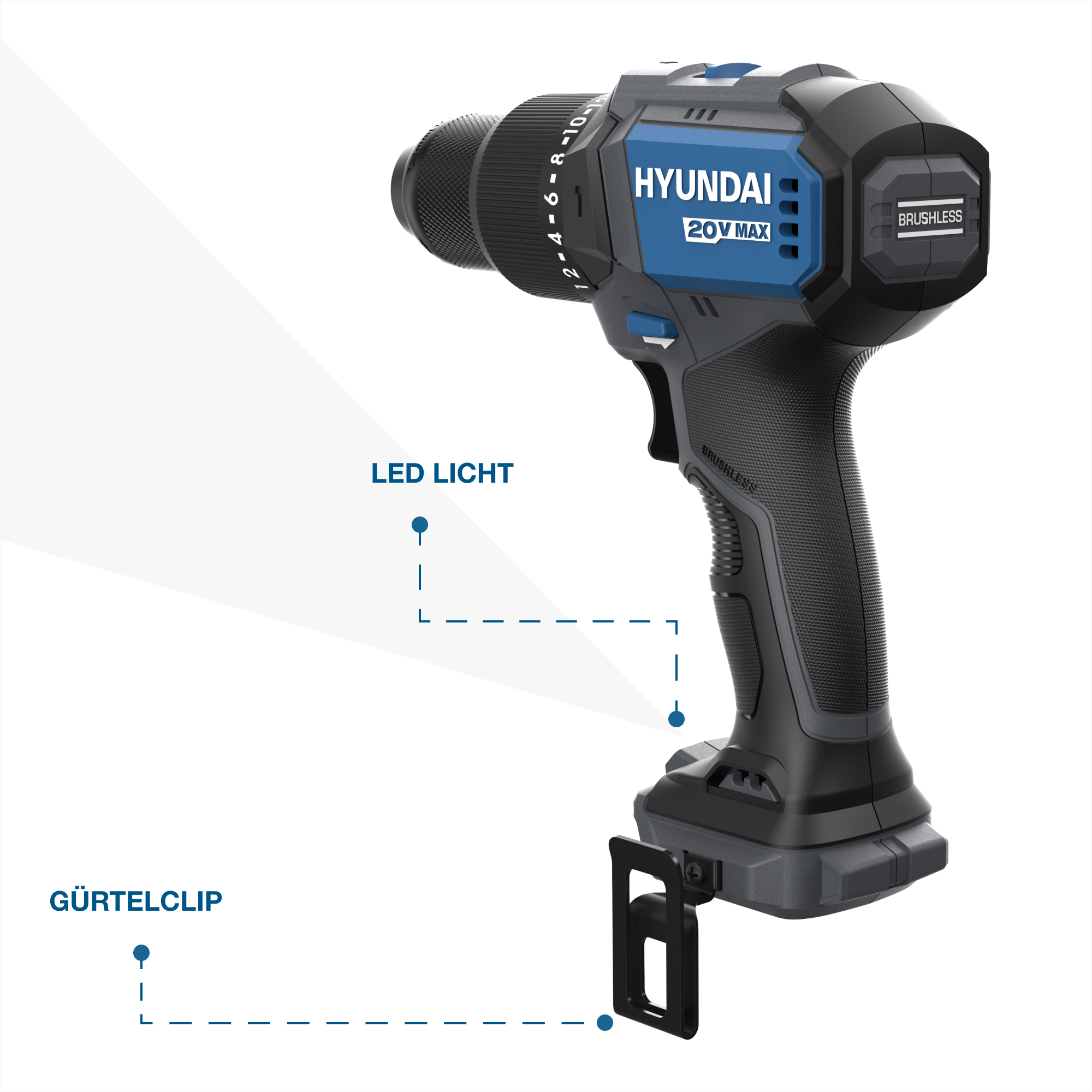 Eine schwarz-blaue Hyundai-Bohrmaschine mit beschrifteten Teilen, darunter LED-Licht und Gürtelclip.