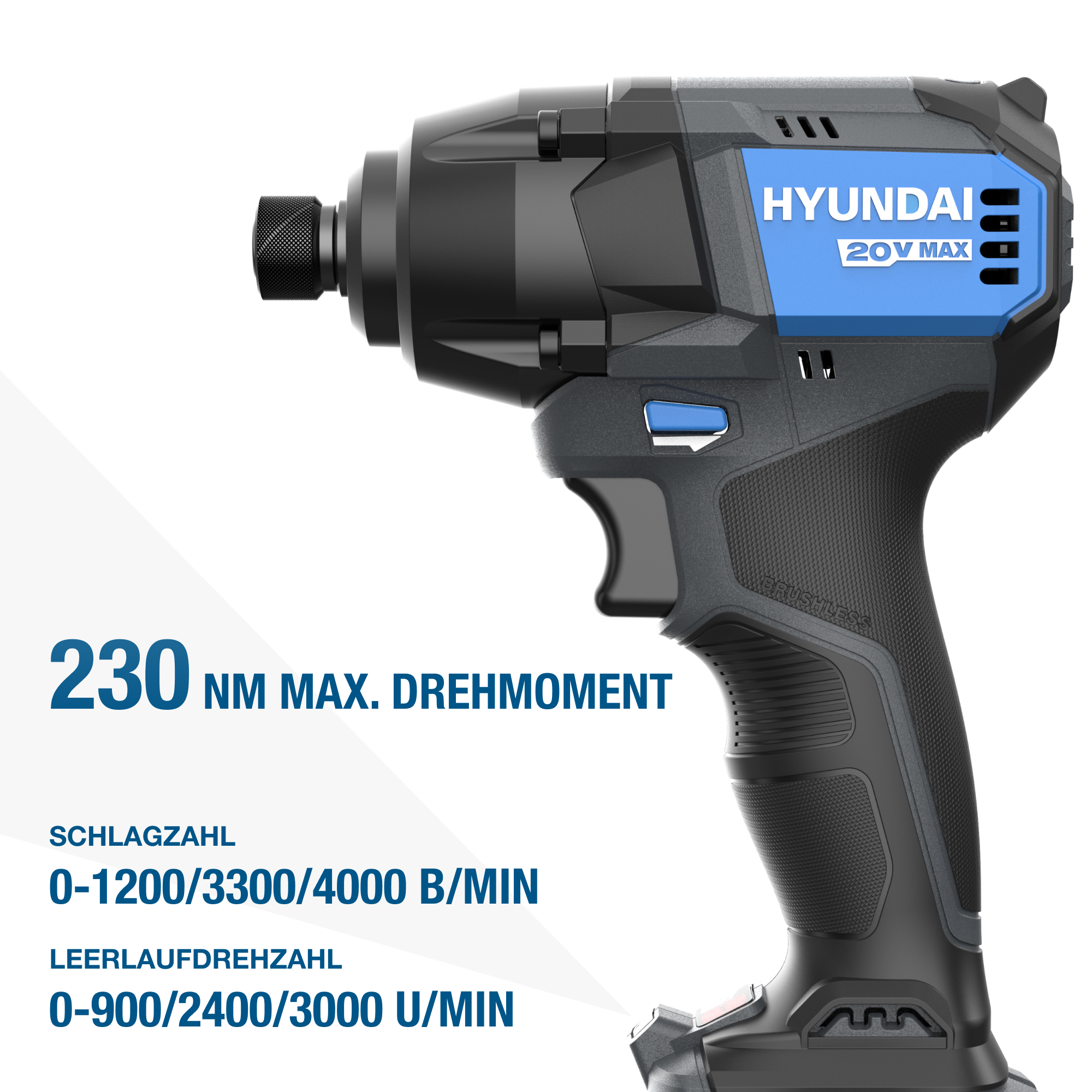 Schwarzer und blauer Hyundai-Schlagschrauber. Text: 230 NM MAX. DREHMOMENT. 0-1200/3300/4000 B/MIN.