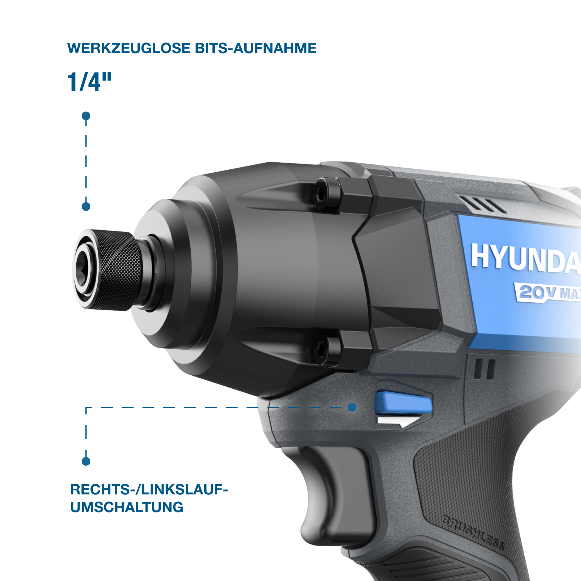 Nahaufnahme des Kopfes eines Hyundai 20V MAX-Schlagschraubers, der den Bit-Anschluss und den Schalter hervorhebt, auf weißem Hintergrund.