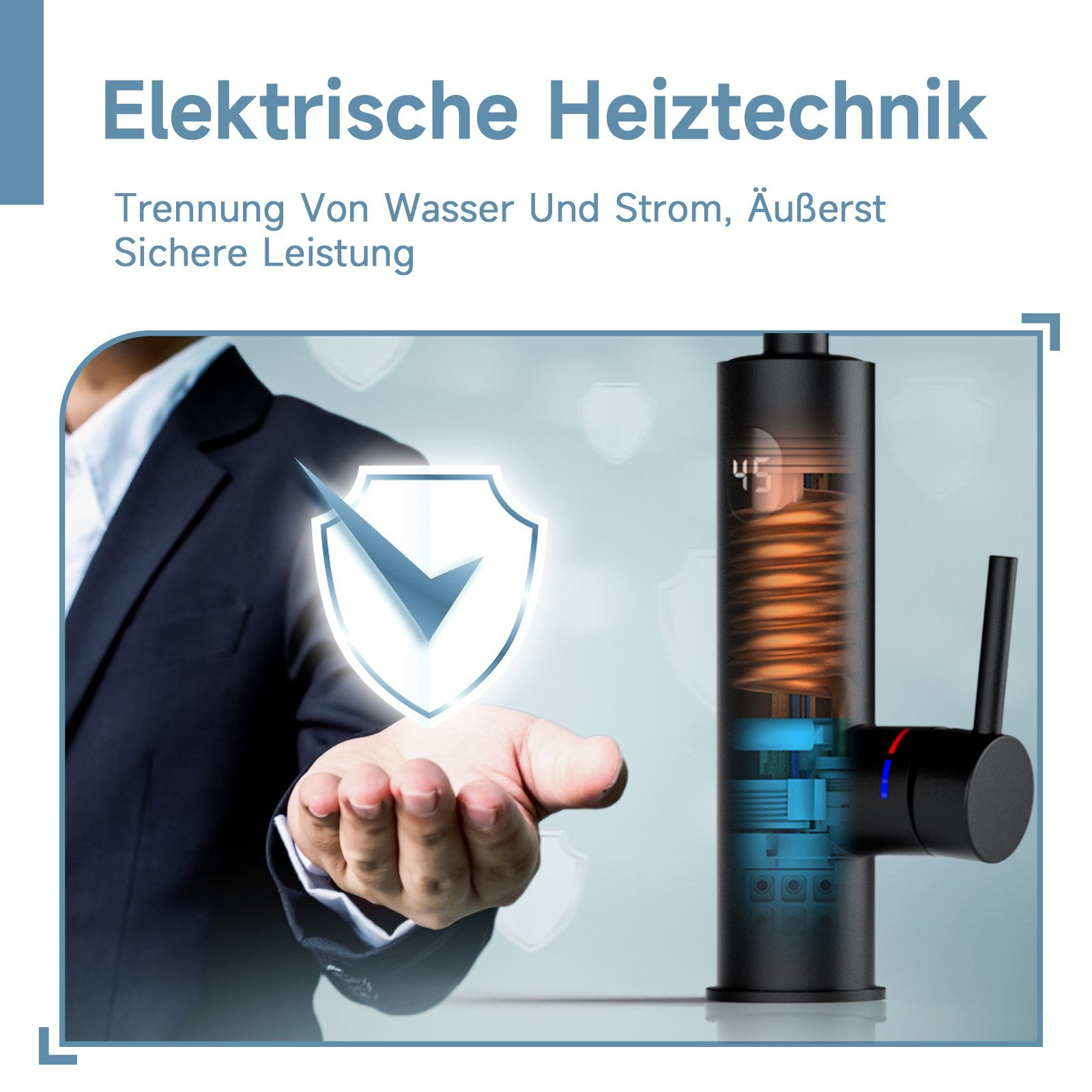 Ein schwarzer Wasserhahn mit digitaler Temperaturanzeige und einer Hand, die ein Schildsymbol hält.
