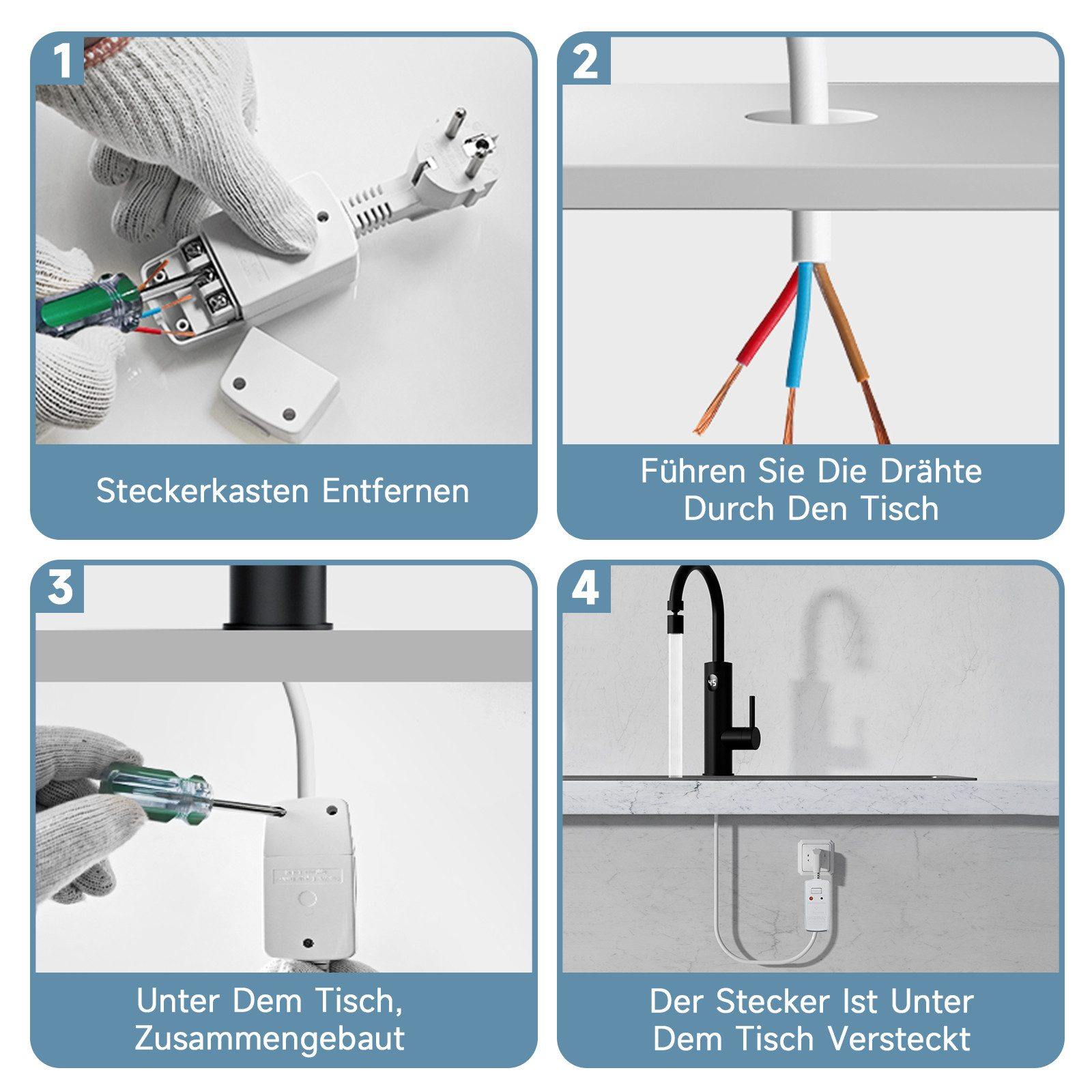 Schritt-für-Schritt-Installationsanleitung. Zeigt das Entfernen eines Steckers, das Verlegen von Drähten, die Montage und das Einstecken.